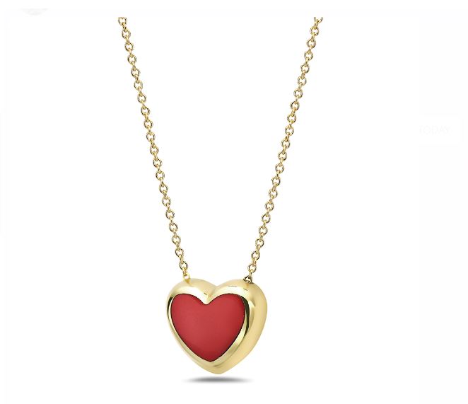 14K Yellow Gold Large Puffed Heart Pendant Necklace (Coral) Birmingham Jewelry Necklace Birmingham Jewelry 