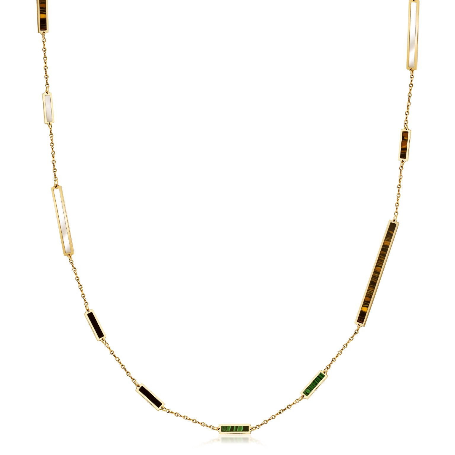 14K Yellow Gold Mix Bar Station Long Necklace (Multi Color 3)