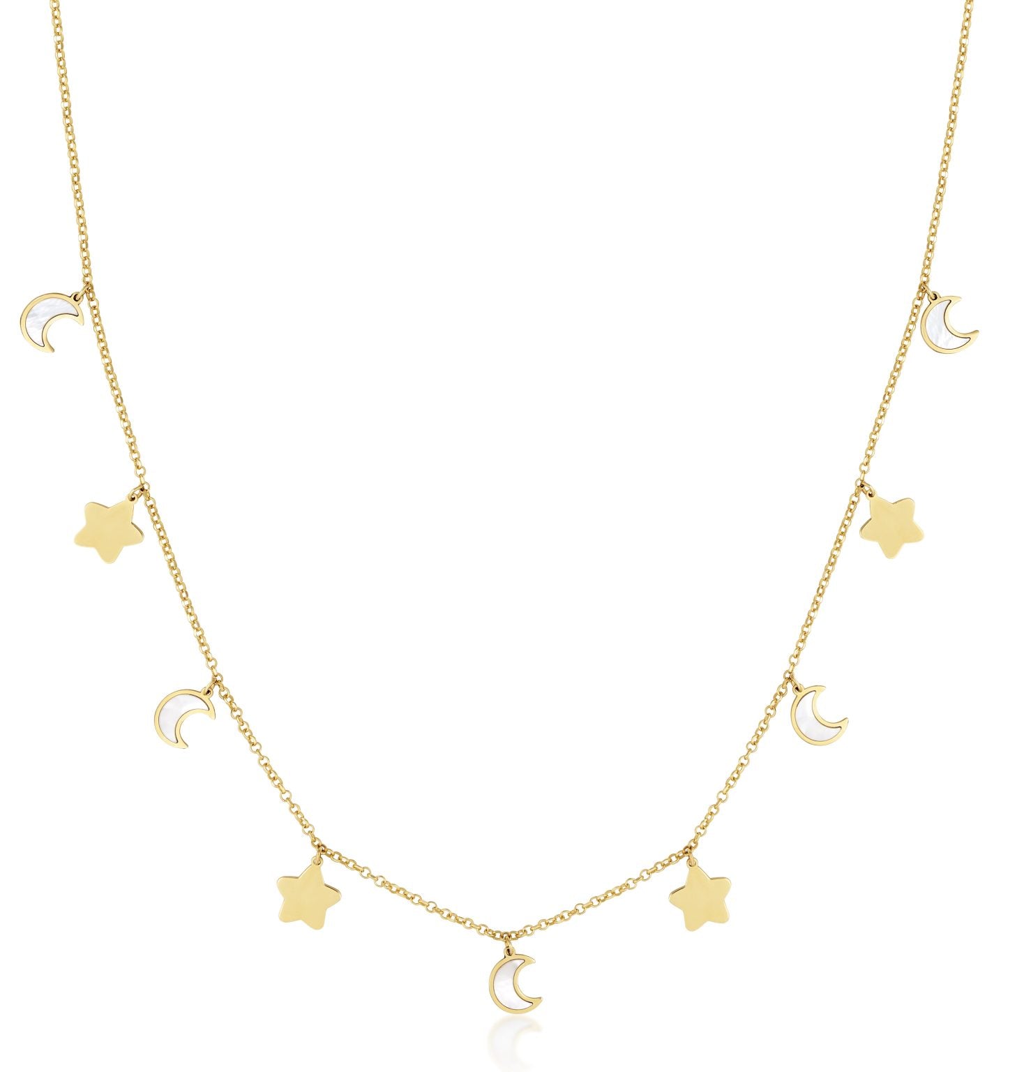 14K Yellow Gold Moon & Star Station Necklace (Mop / Gold) Birmingham Jewelry Necklace Birmingham Jewelry 
