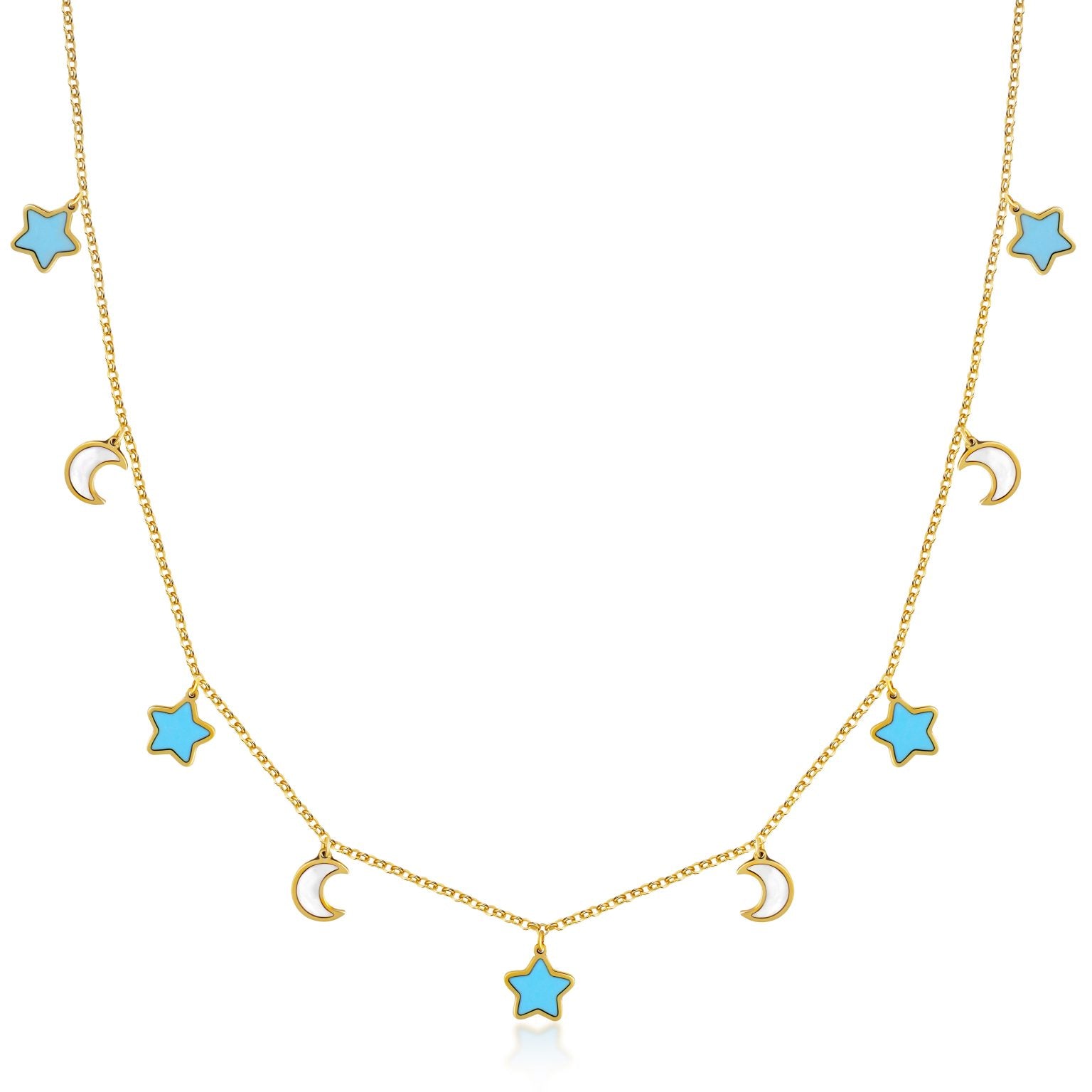 14K Yellow Gold Moon & Star Station Necklace (Mop / Turquoise) Birmingham Jewelry Necklace Birmingham Jewelry 
