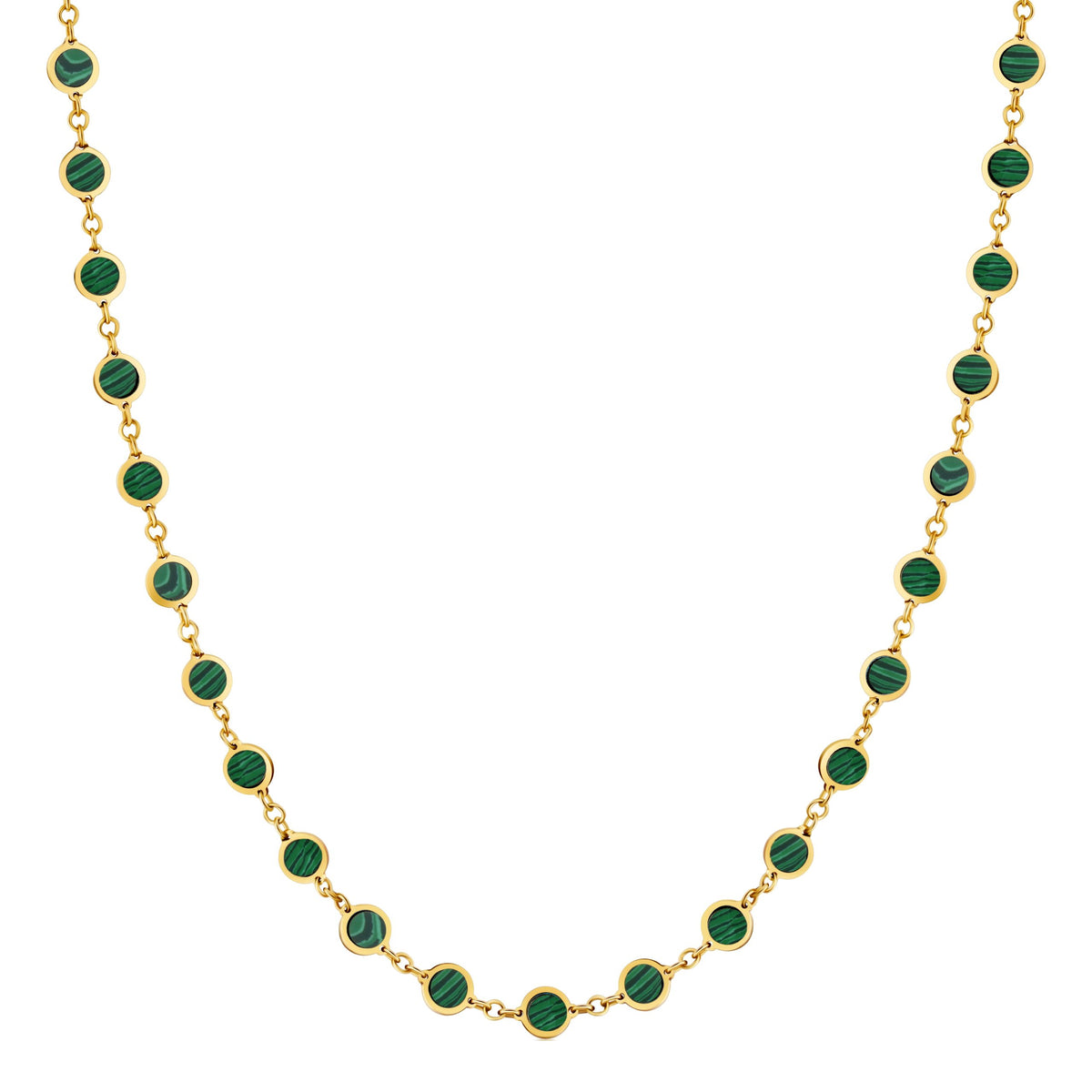 14K Yellow Gold Disc Link Long Necklace (Malachite)