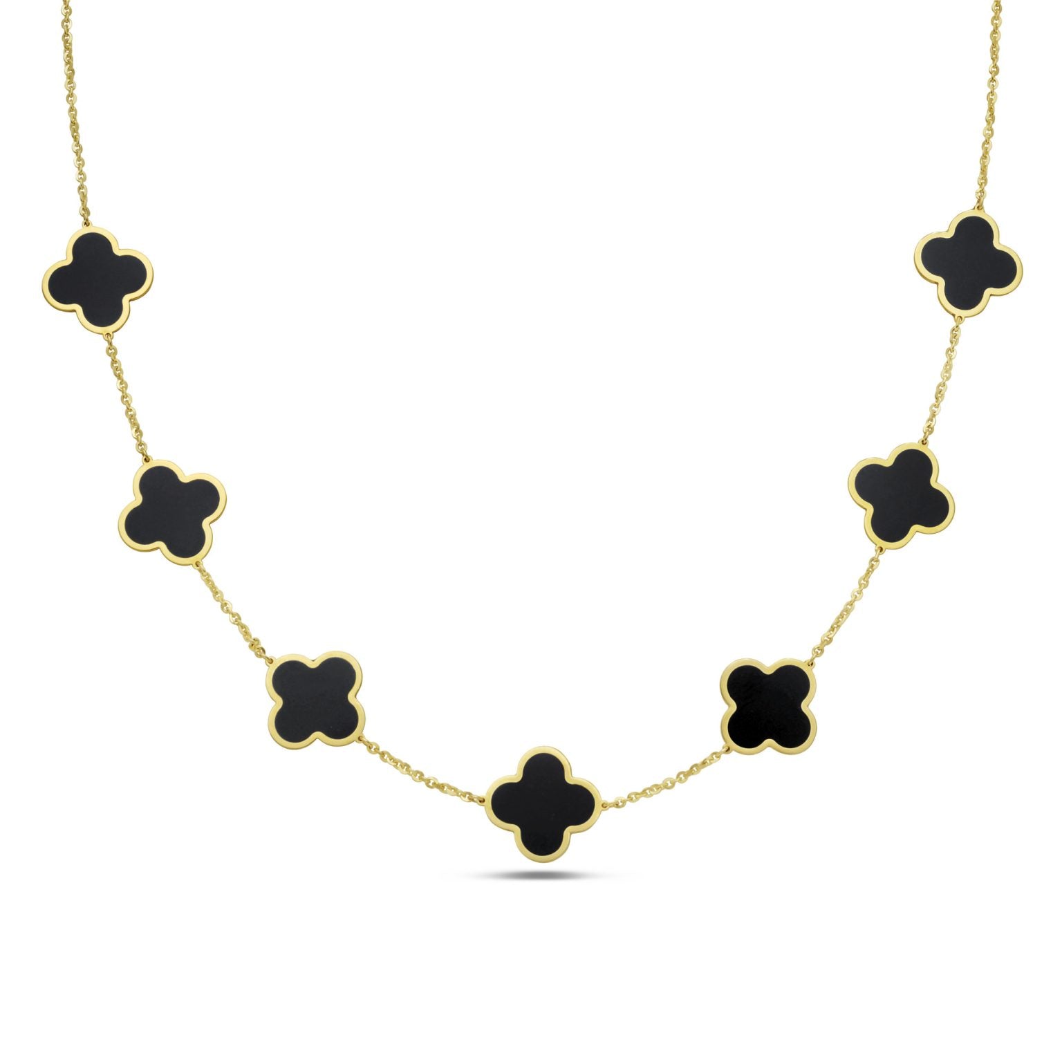 14K Yellow Gold Large Clover Station Necklace (Onyx)