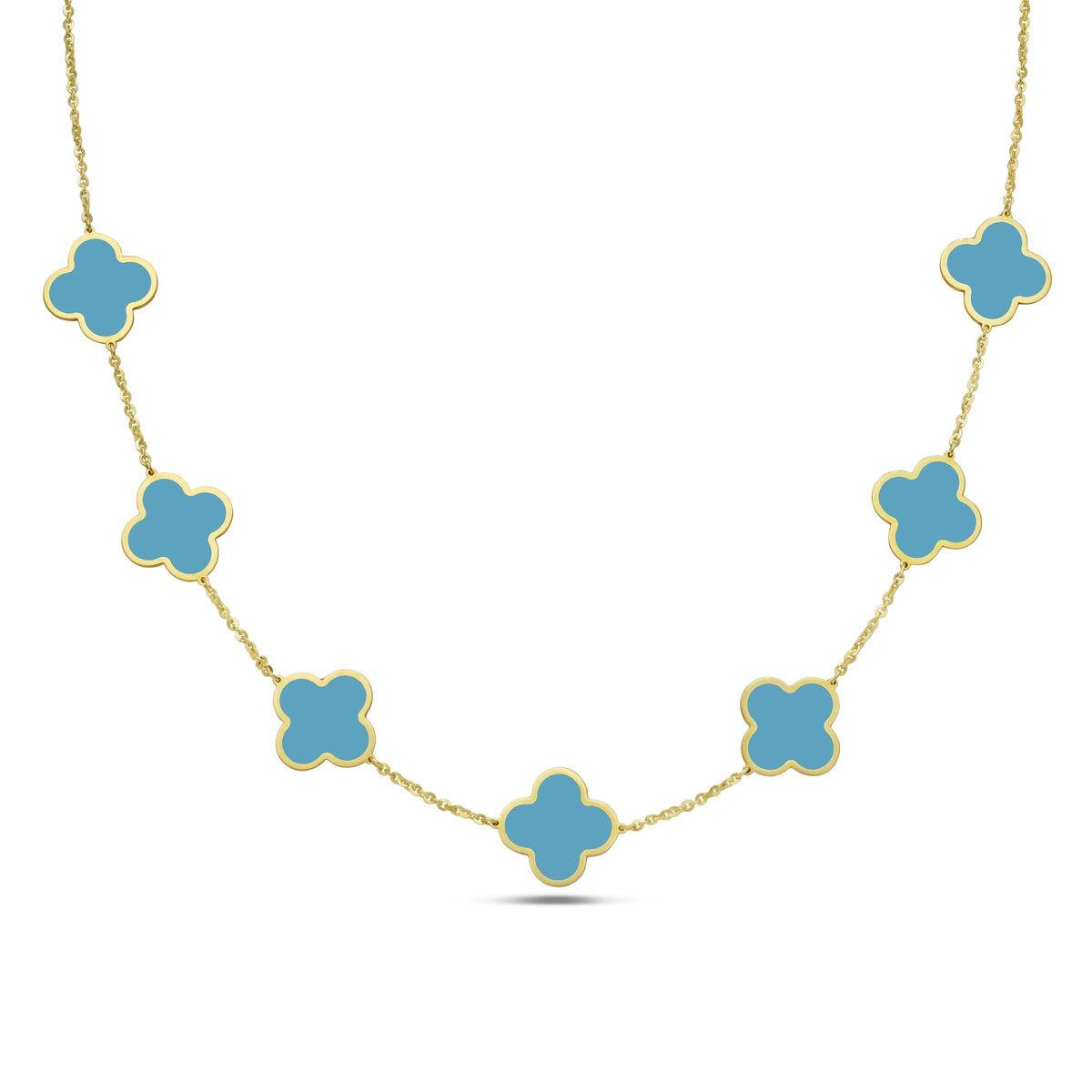 14K Yellow Gold Large Clover Station Necklace (Turquoise)