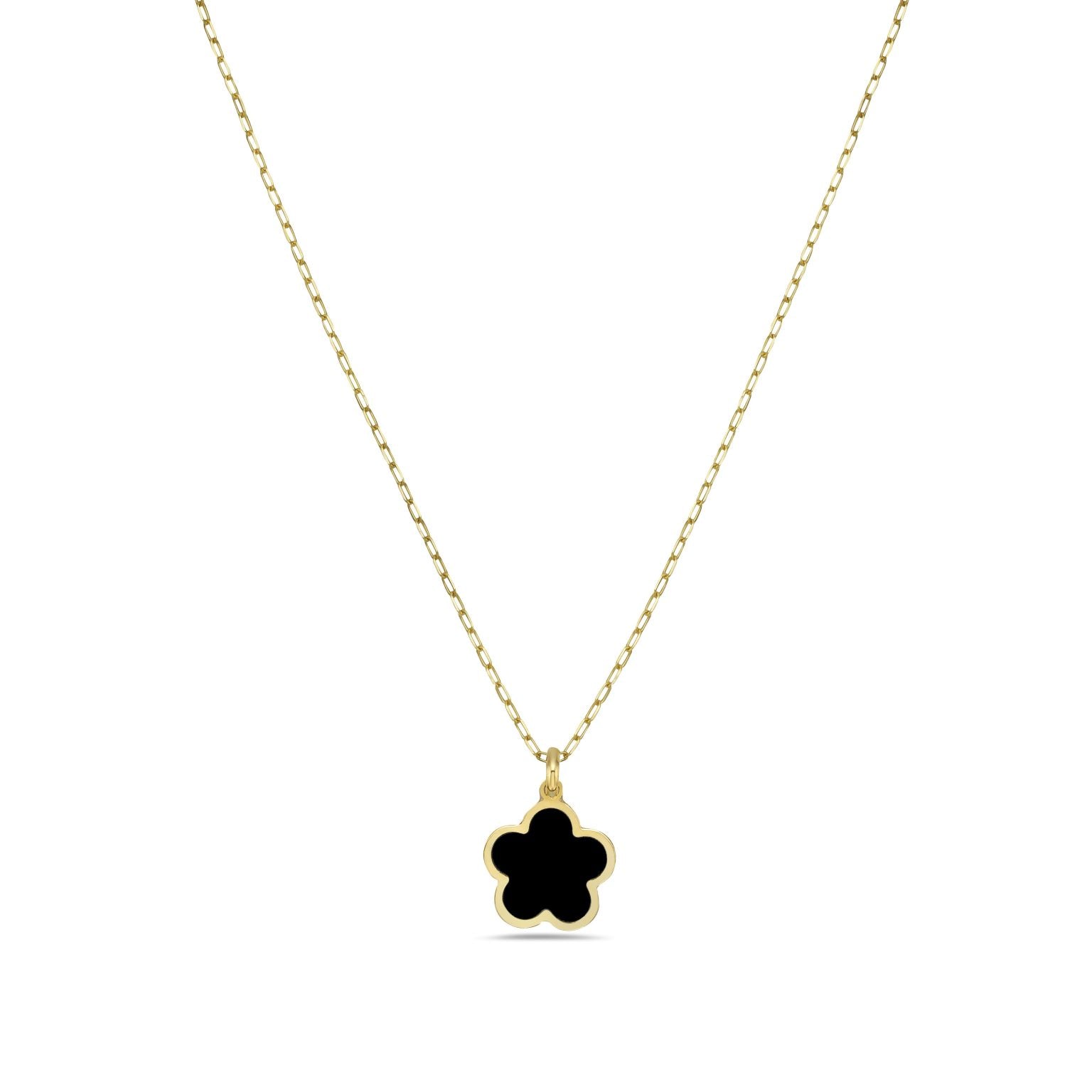 14K Yellow Gold Large Flower Pendant Necklace (Onyx) Birmingham Jewelry Necklace Birmingham Jewelry 