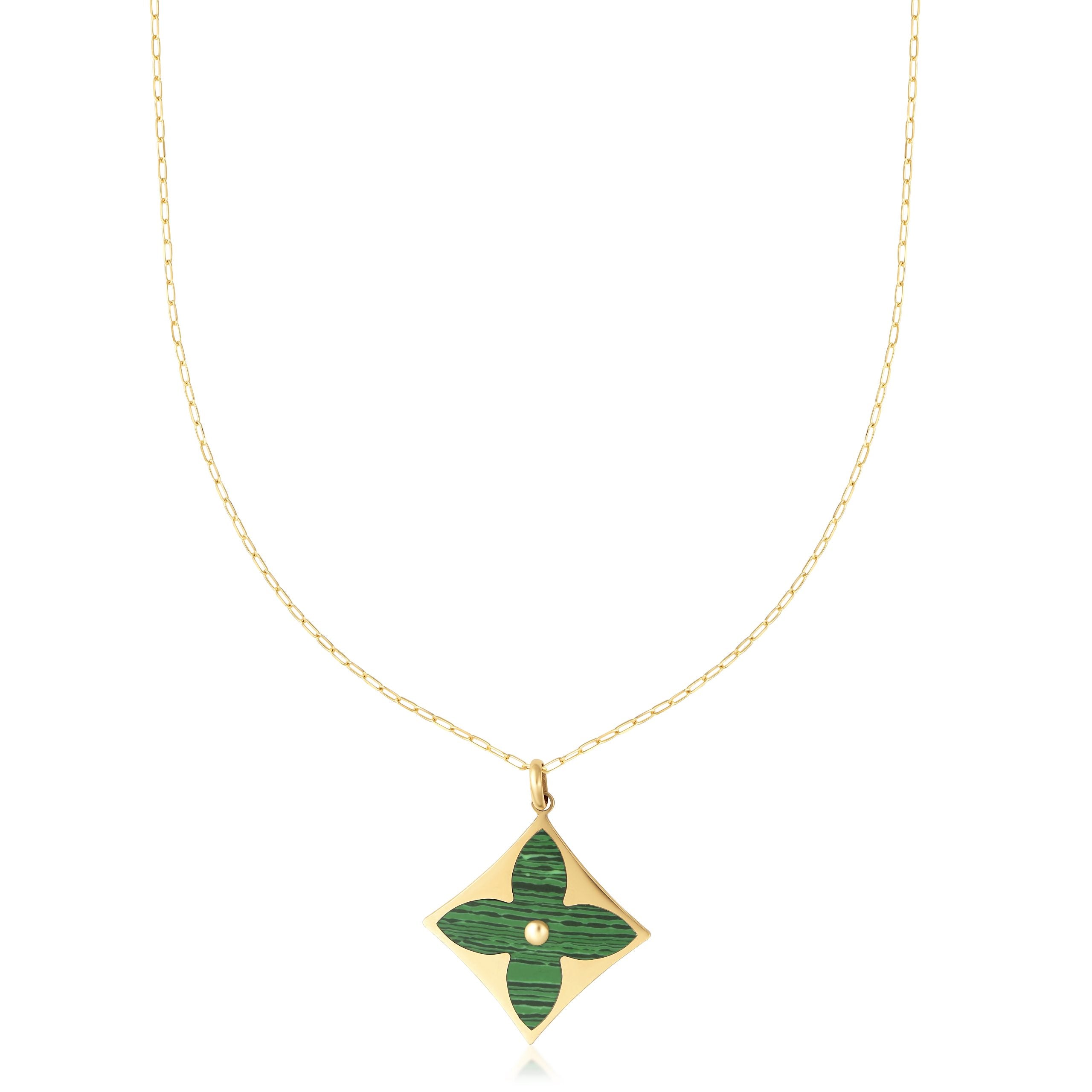 14K Yellow Gold VINTAGE LUXE FLOWER PENDANT NECKLACE – MALACHITE