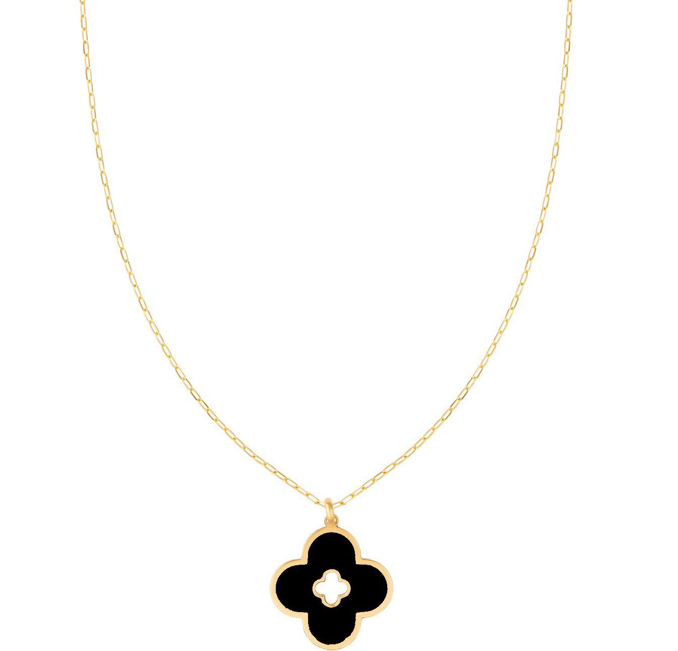 14K Yellow Gold Lucky Clover Cut-Out Pendant Necklace (Onyx) Birmingham Jewelry Necklace Birmingham Jewelry 