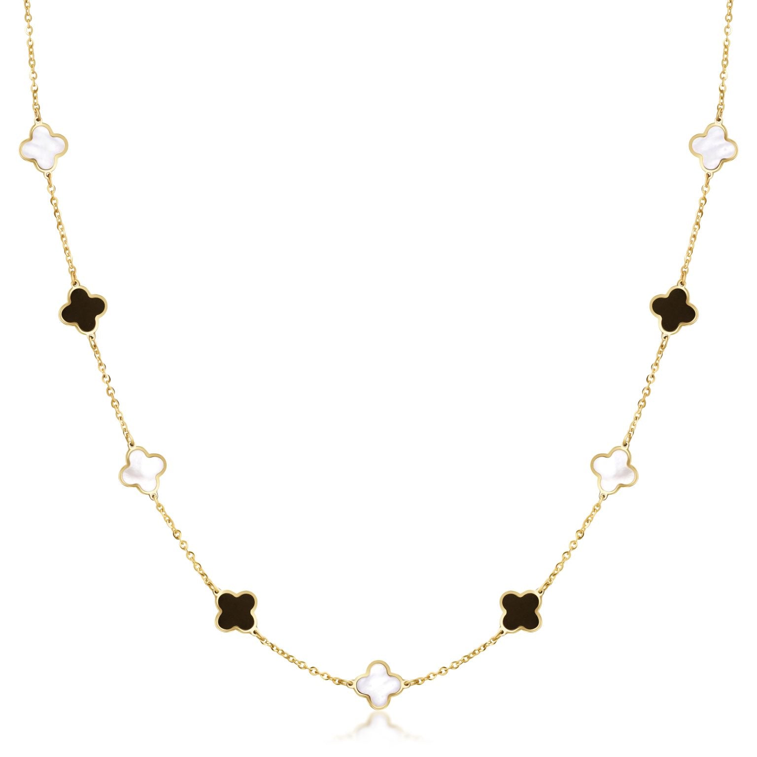 14K Yellow Gold Small Clover Station Necklace Two-Color (MOP / Onyx)