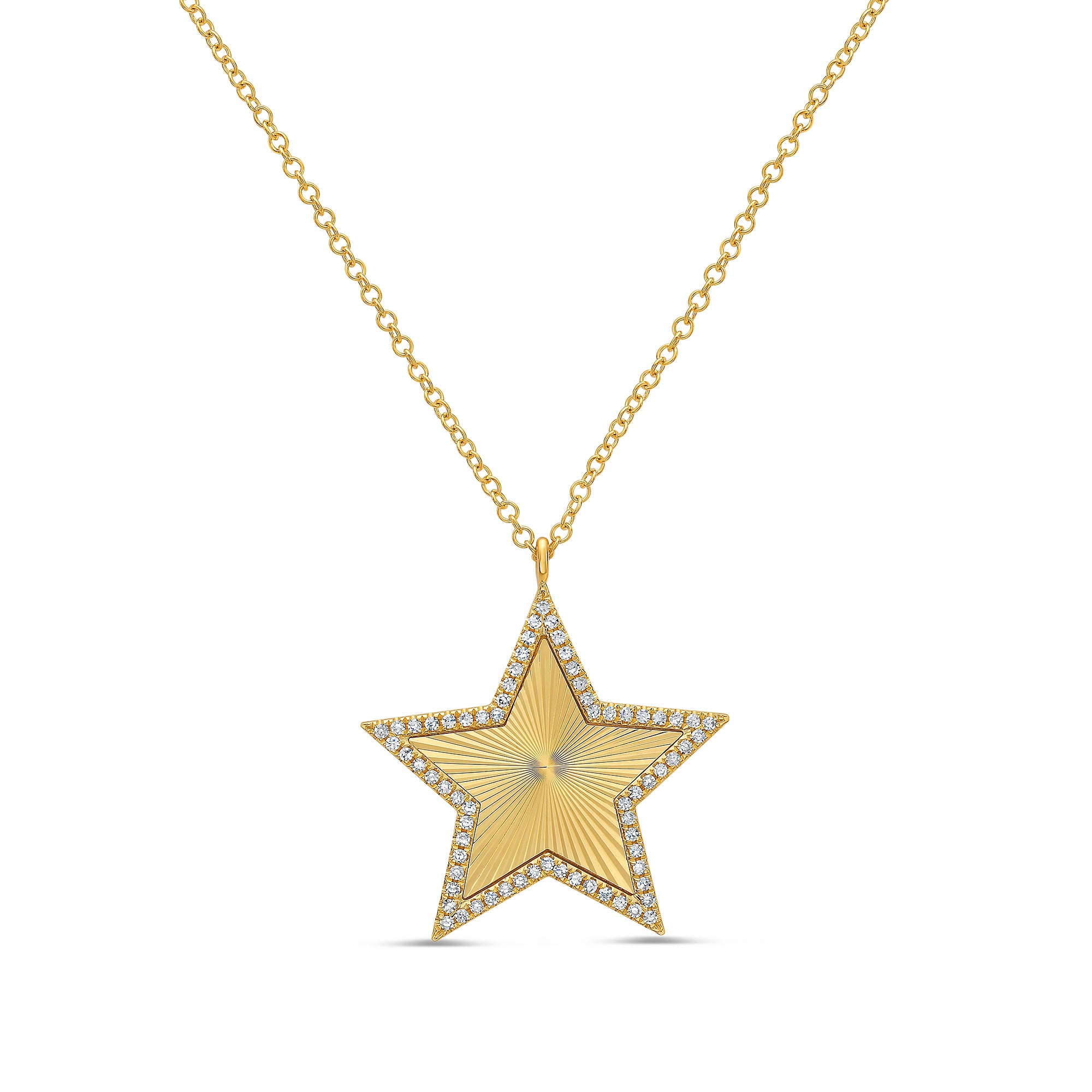 14K Yellow Gold DIAMOND STUDDED FLUTED STAR PENDANT NECKLACE