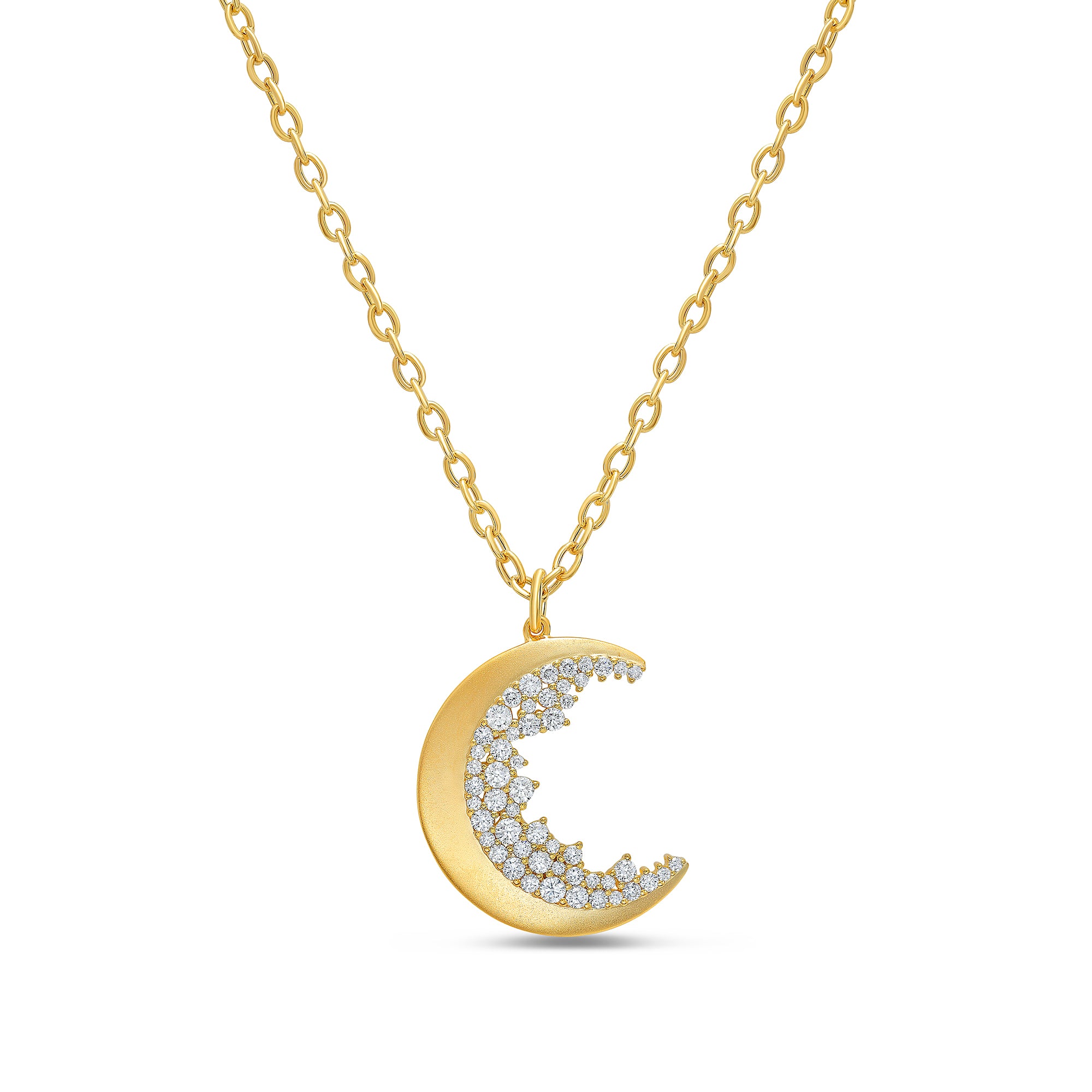 14K Yellow Gold DIAMOND STUDDED CRESCENT MOON PENDANT NECKLACE