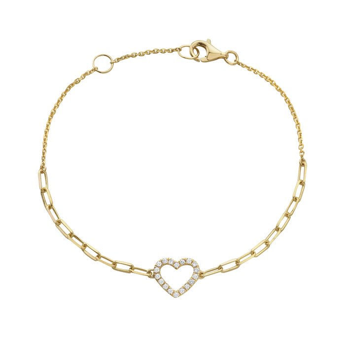 14K Yellow Gold Pavé Diamond Open Heart Gold Link Bracelet