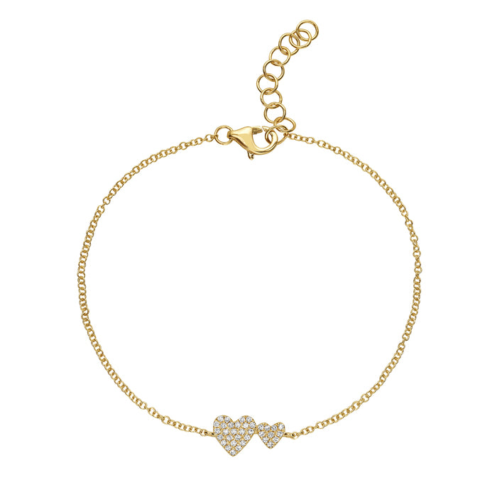 14K Yellow Gold Double Heart Pavé Diamond Gold Chain Bracelet