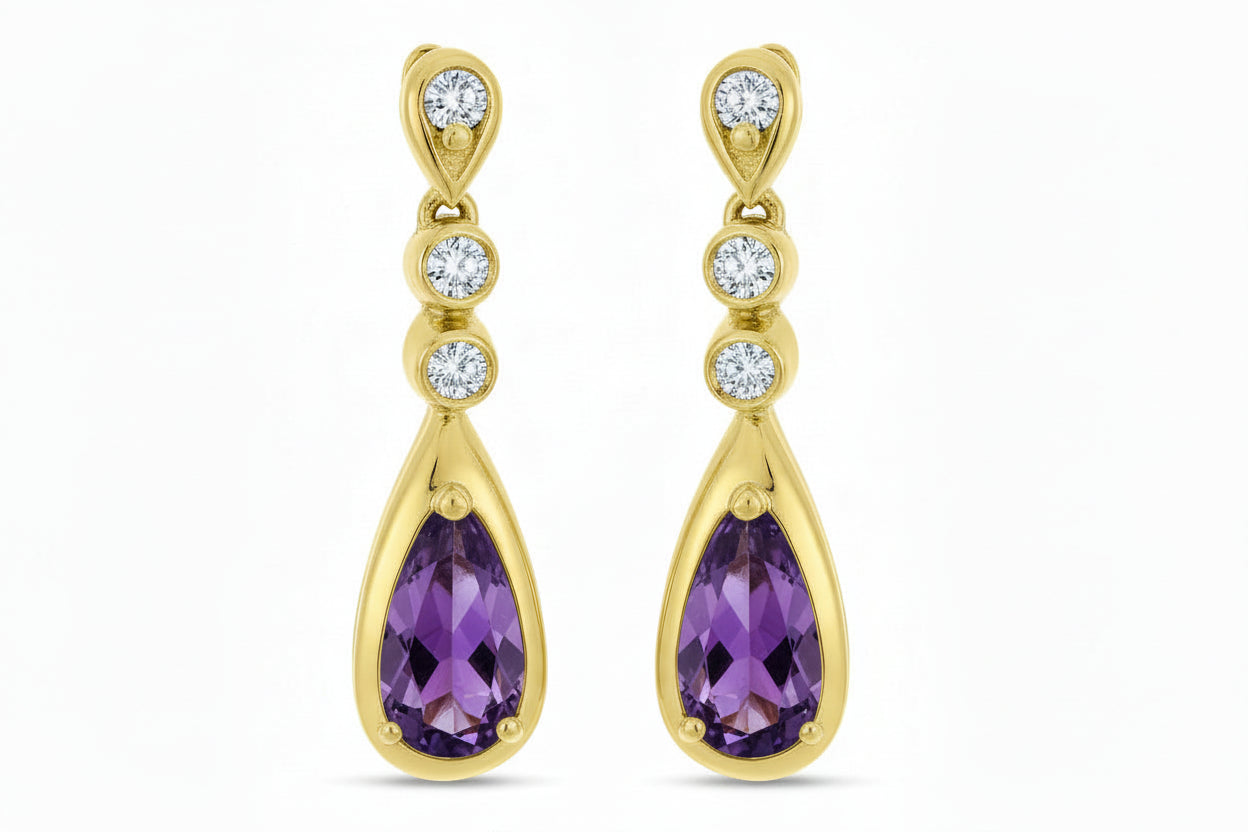 14K Yellow Gold Elongated Pear Amethyst and Diamond Teardrop Earrings Birmingham Jewelry Earrings Birmingham Jewelry 