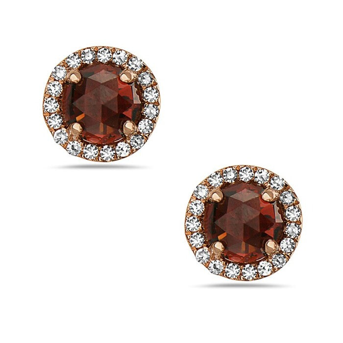 14K Rose Gold Round Shape Garnet And Diamond Halo Earring Birmingham Jewelry Earrings Birmingham Jewelry 