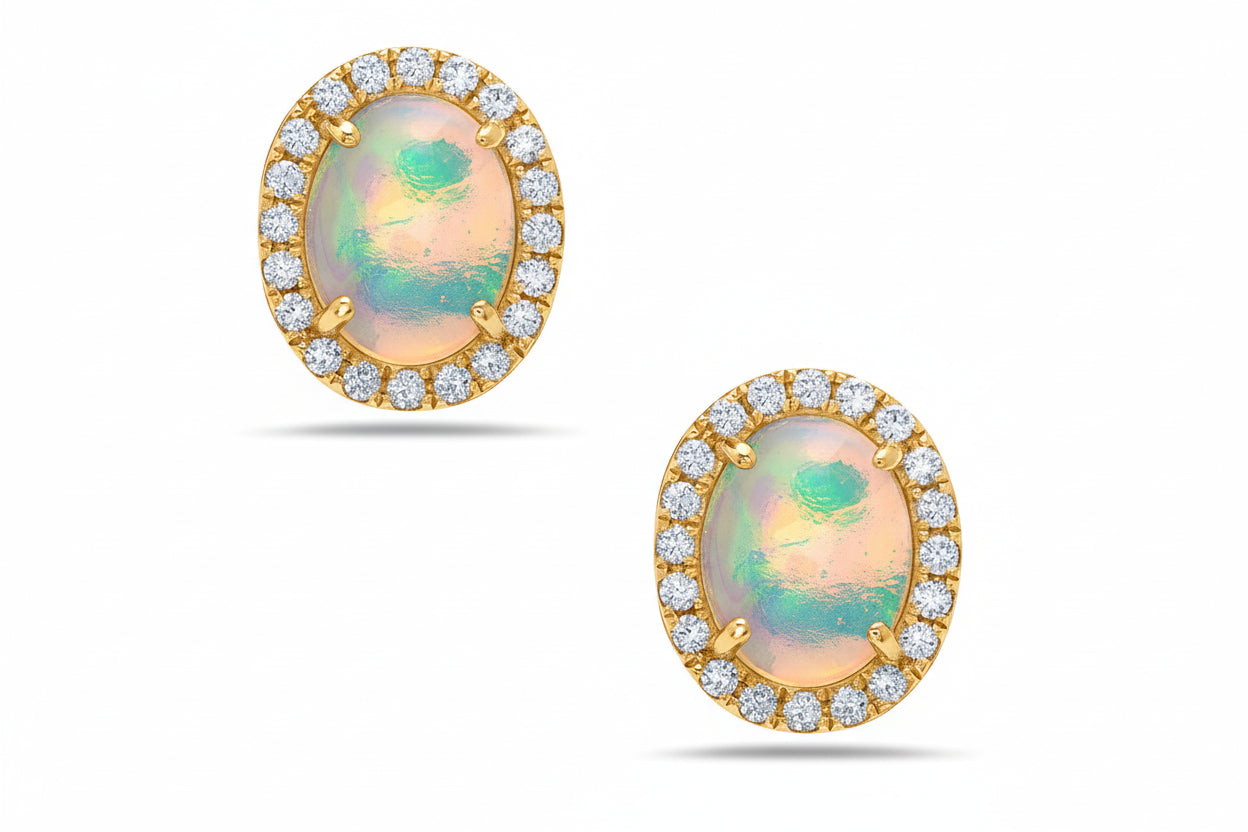 14K Yellow Gold Oval Shape Opal And Diamond Halo Earring Birmingham Jewelry Earrings Birmingham Jewelry 