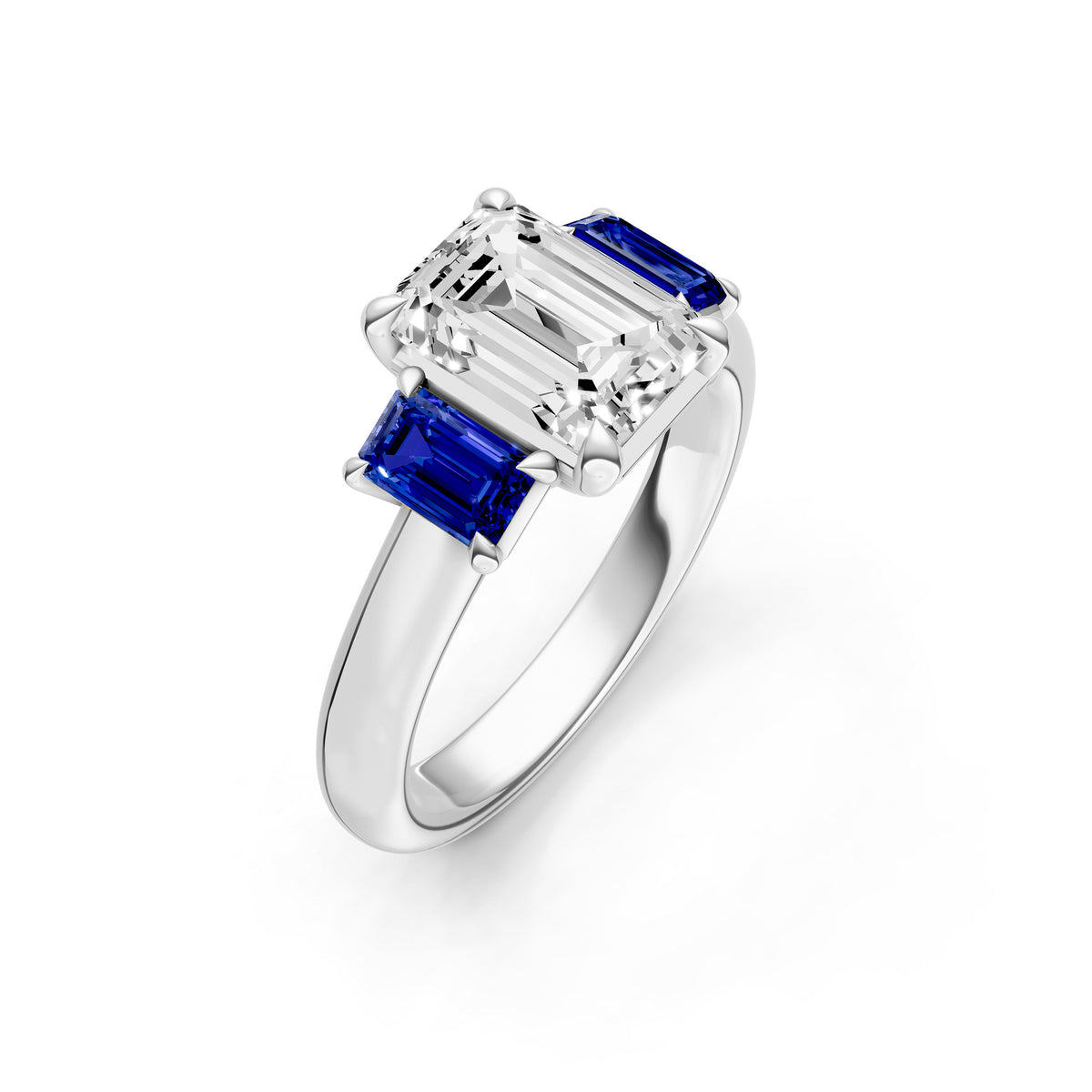 3 Stone Sapphire Sides Engagement Ring (Emerald Cut)