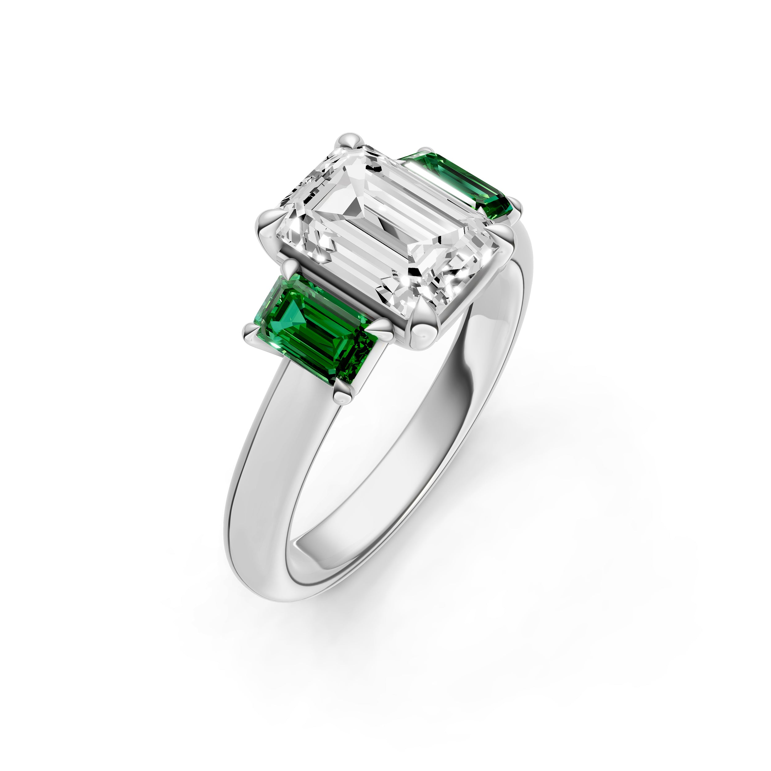 3 Stone Emerald Sides Engagement Ring (Emerald Cut)