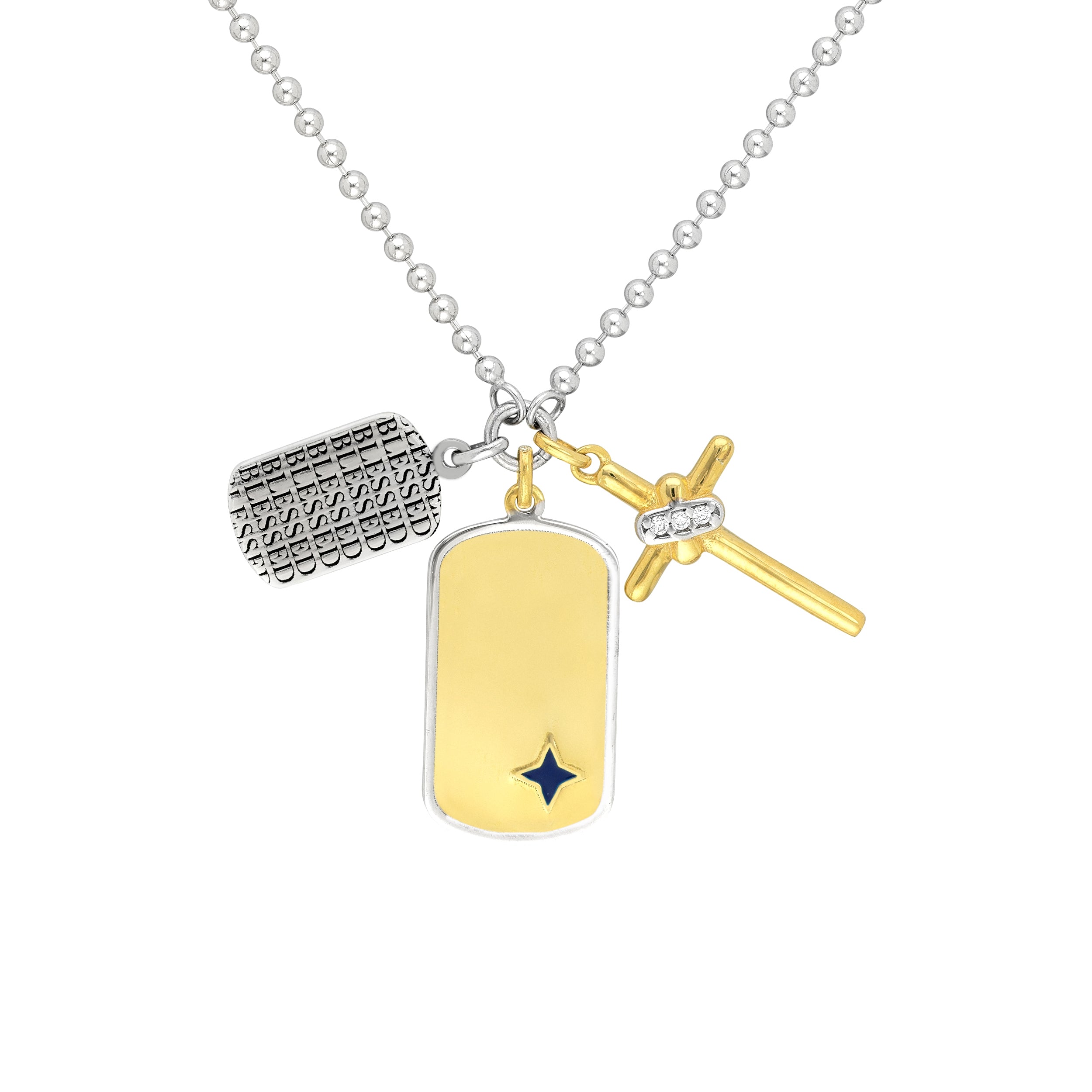 Sterling Silver Blessed Dog Tag Mixed Charm Necklace