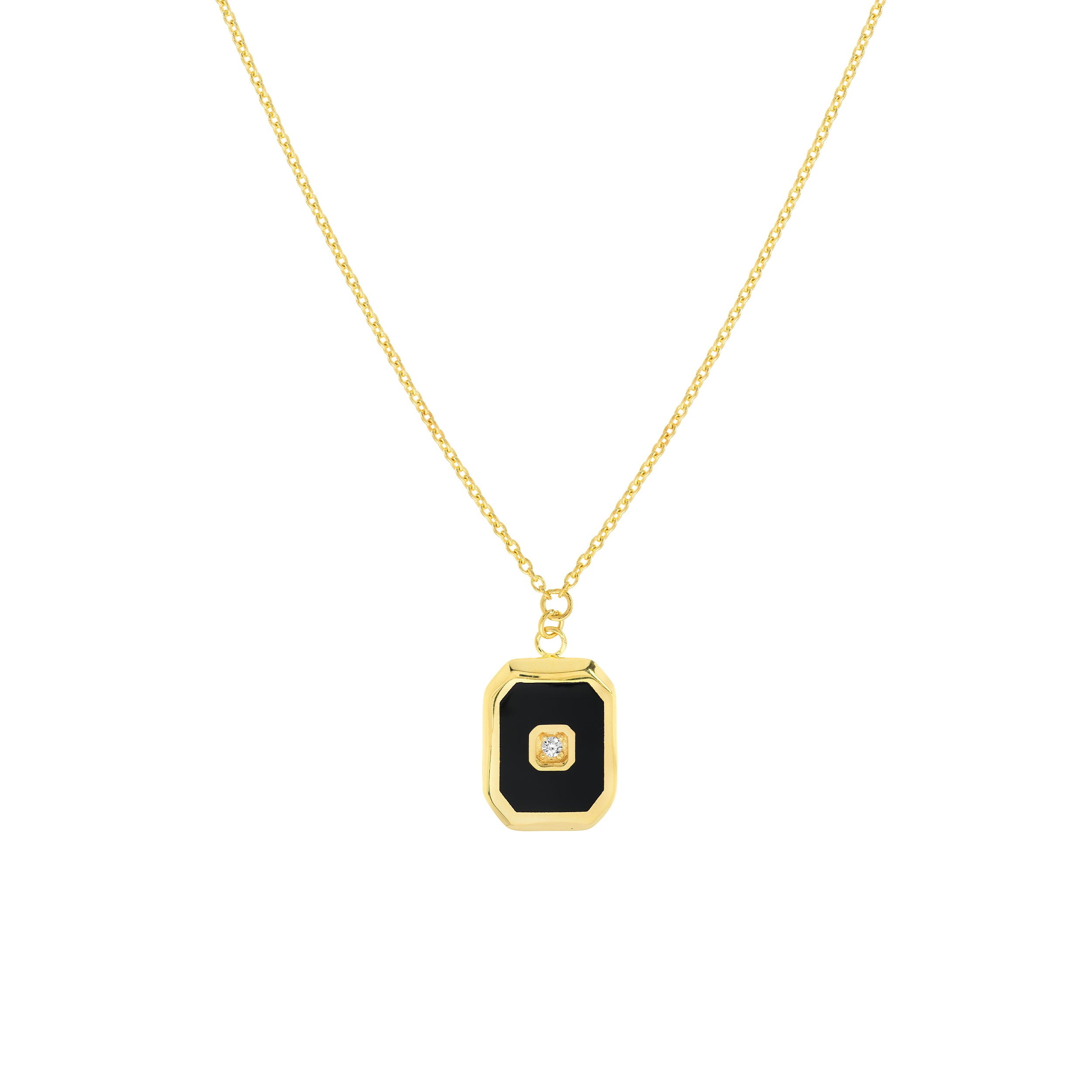 14K Yellow Gold Black Enamel Octagon Medallion Necklace