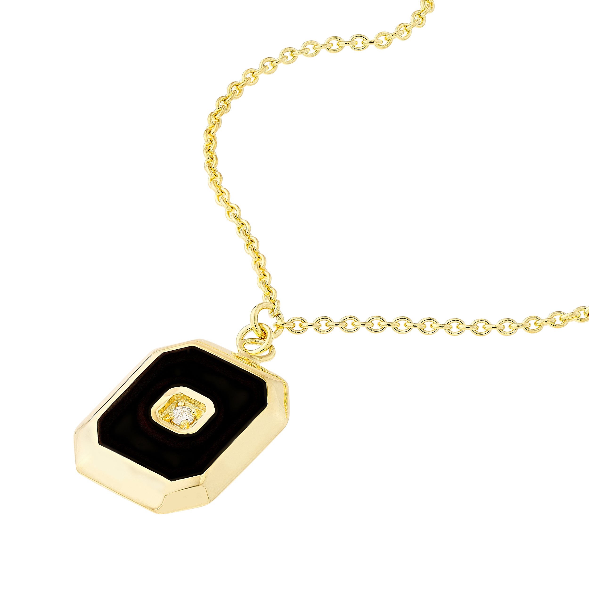 14K Yellow Gold Black Enamel Octagon Medallion Necklace