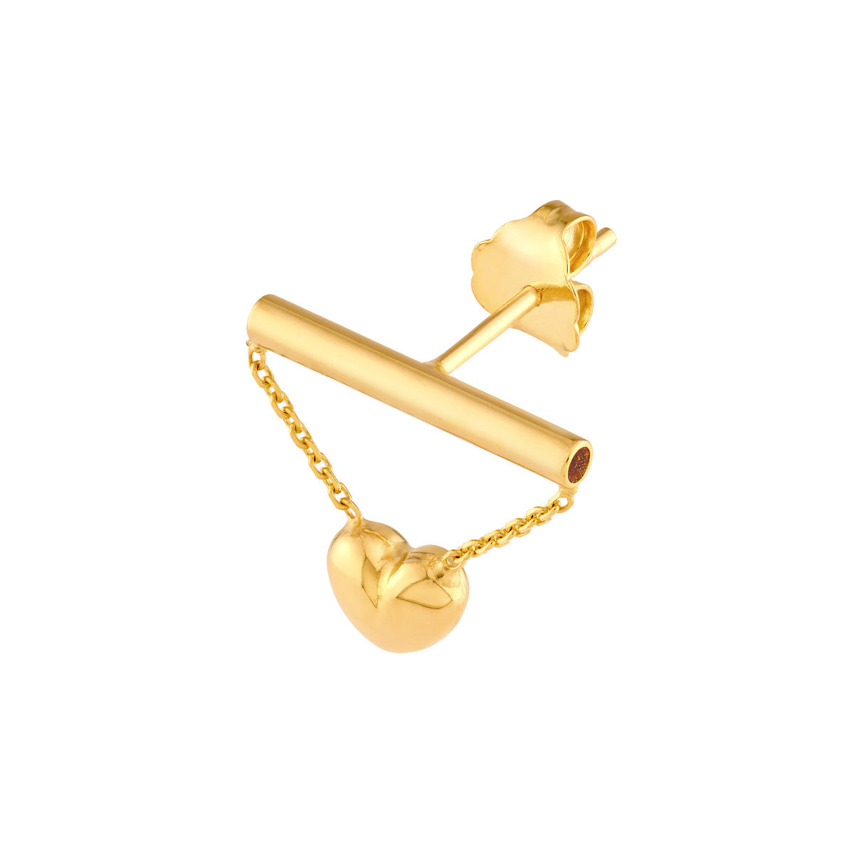 14K Yellow Gold Horizontal Bar Earrings with Dangle Heart Chain