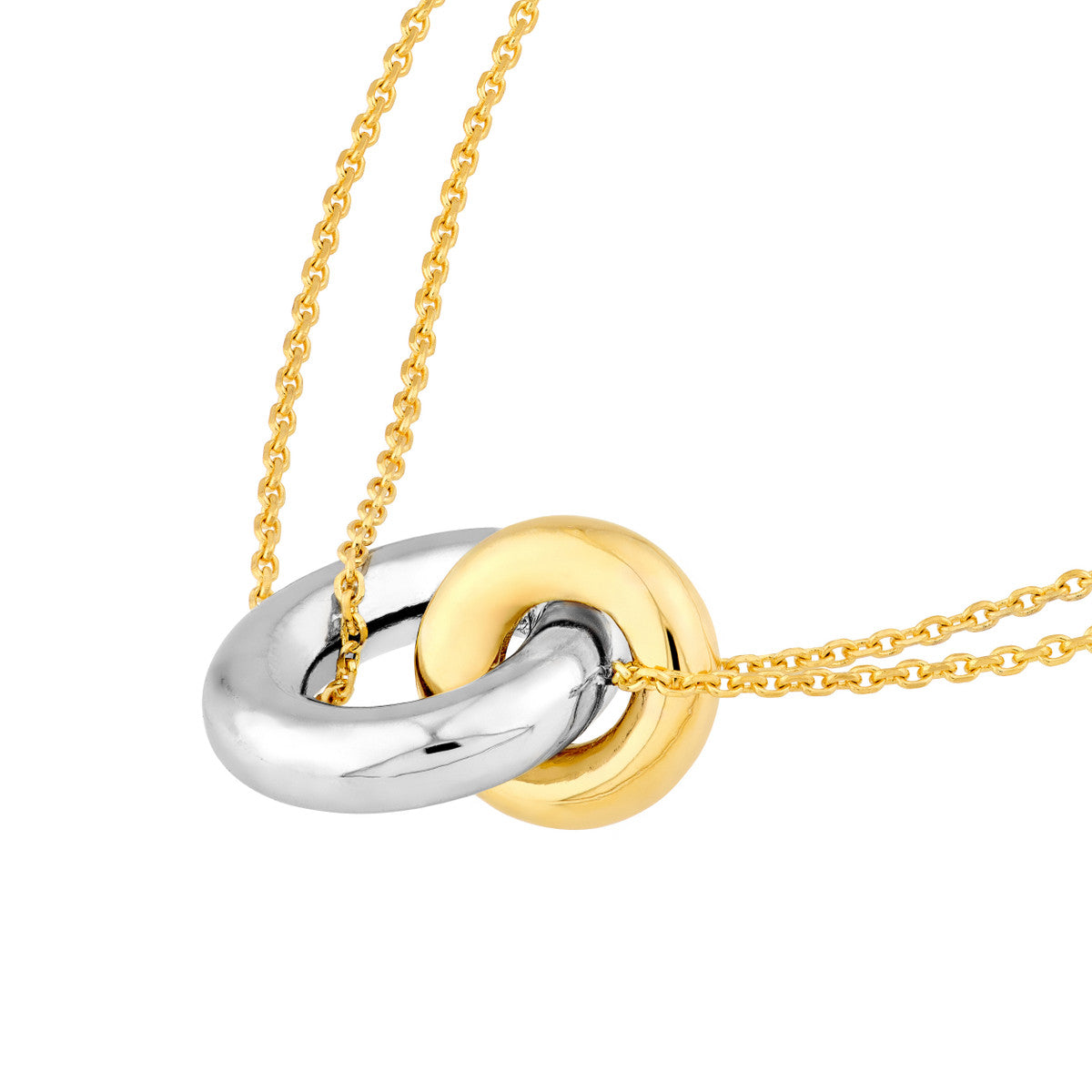 14K Two Tone Gold Double Chain Interlocking Circle Necklace