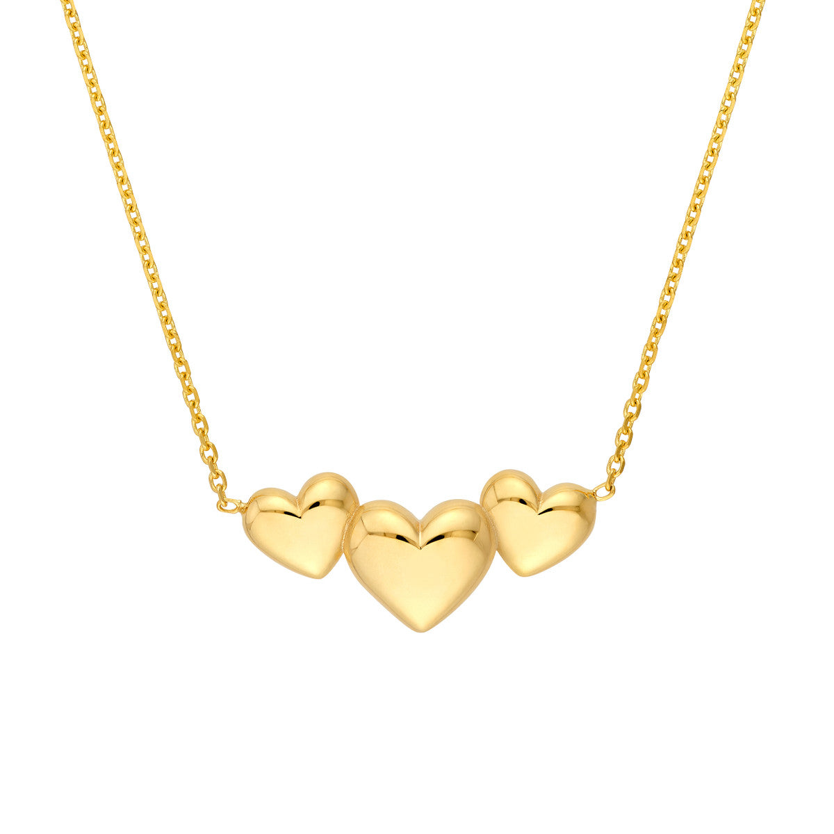 14K Yellow Gold Grouped 3 Hearts Cable Necklace