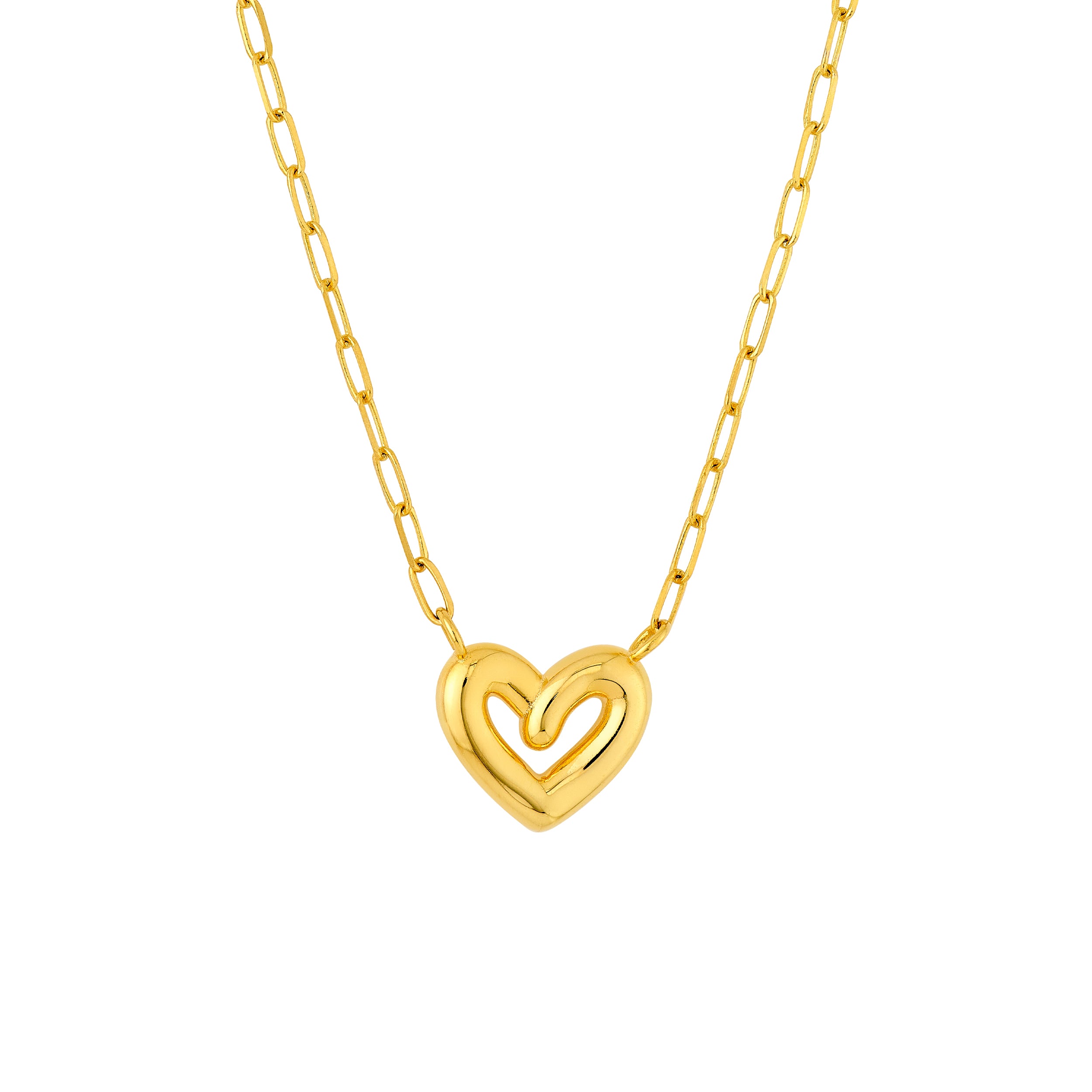 14K Yellow Gold Puff Heart Paper Clip Necklace