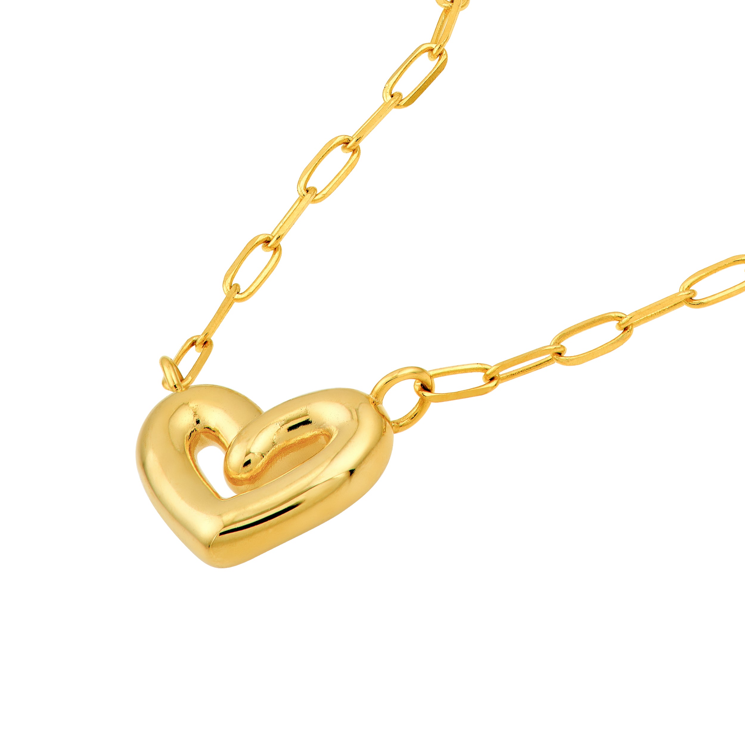 14K Yellow Gold Puff Heart Paper Clip Necklace