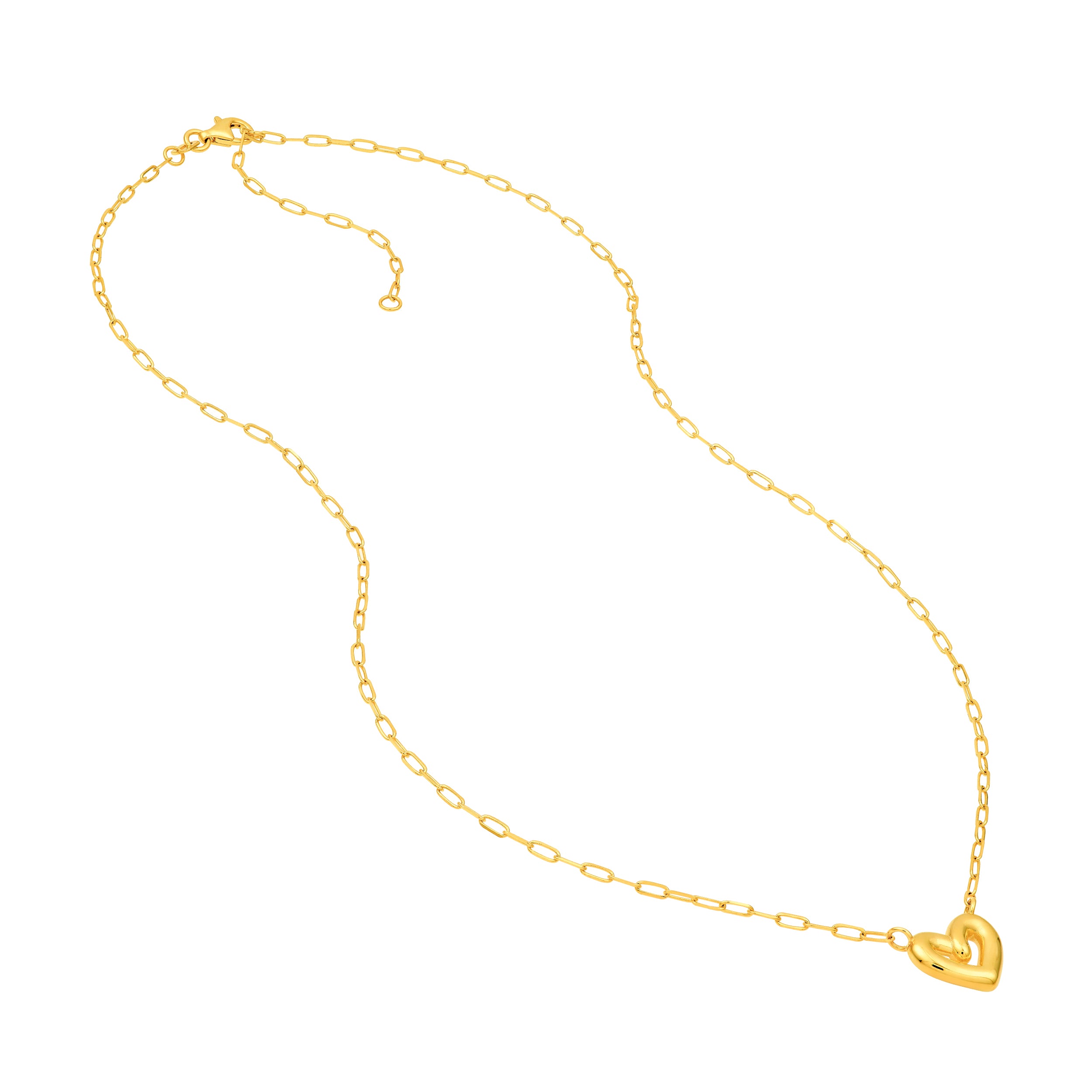 14K Yellow Gold Puff Heart Paper Clip Necklace