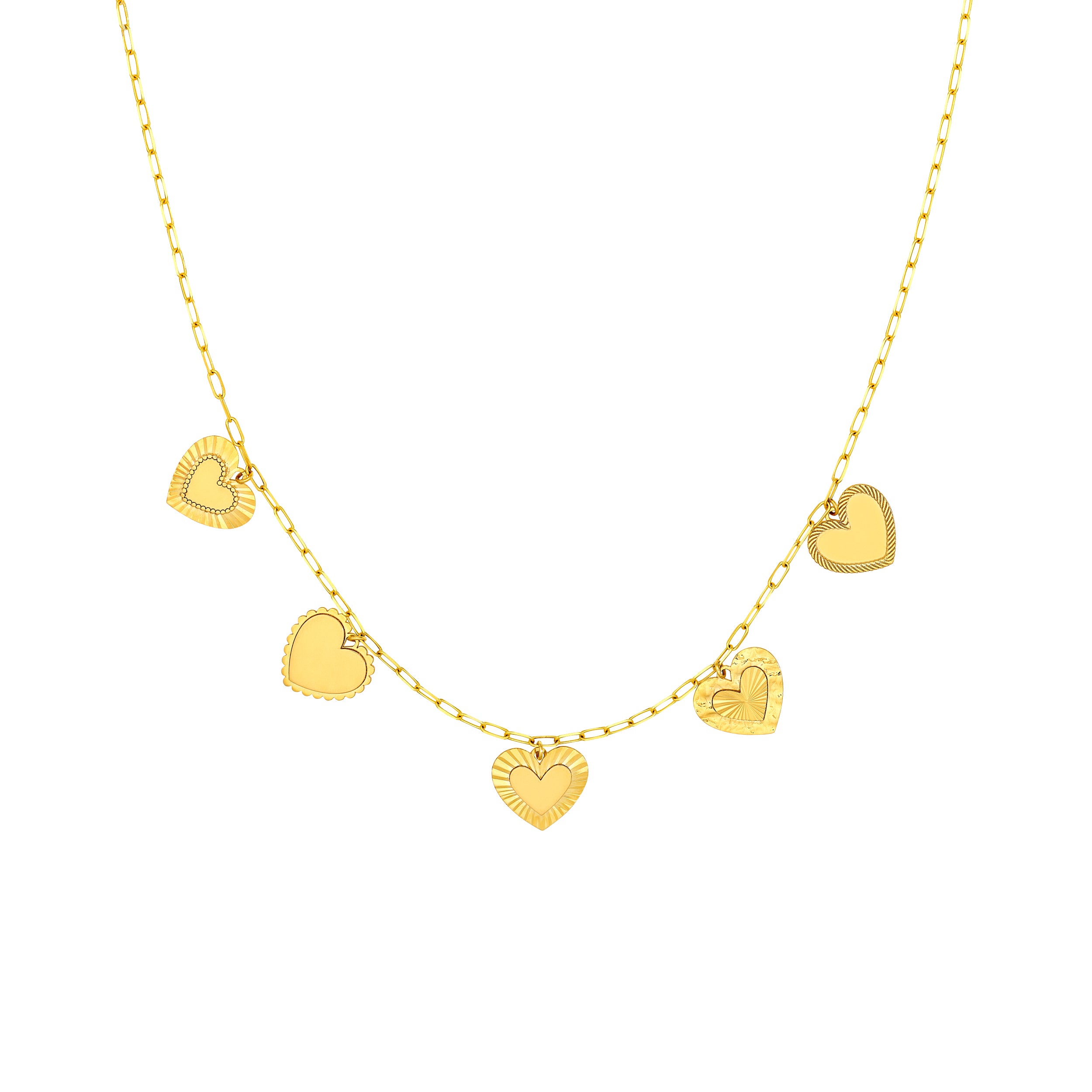14K Yellow Gold Five Hearts Paper Clip Necklace