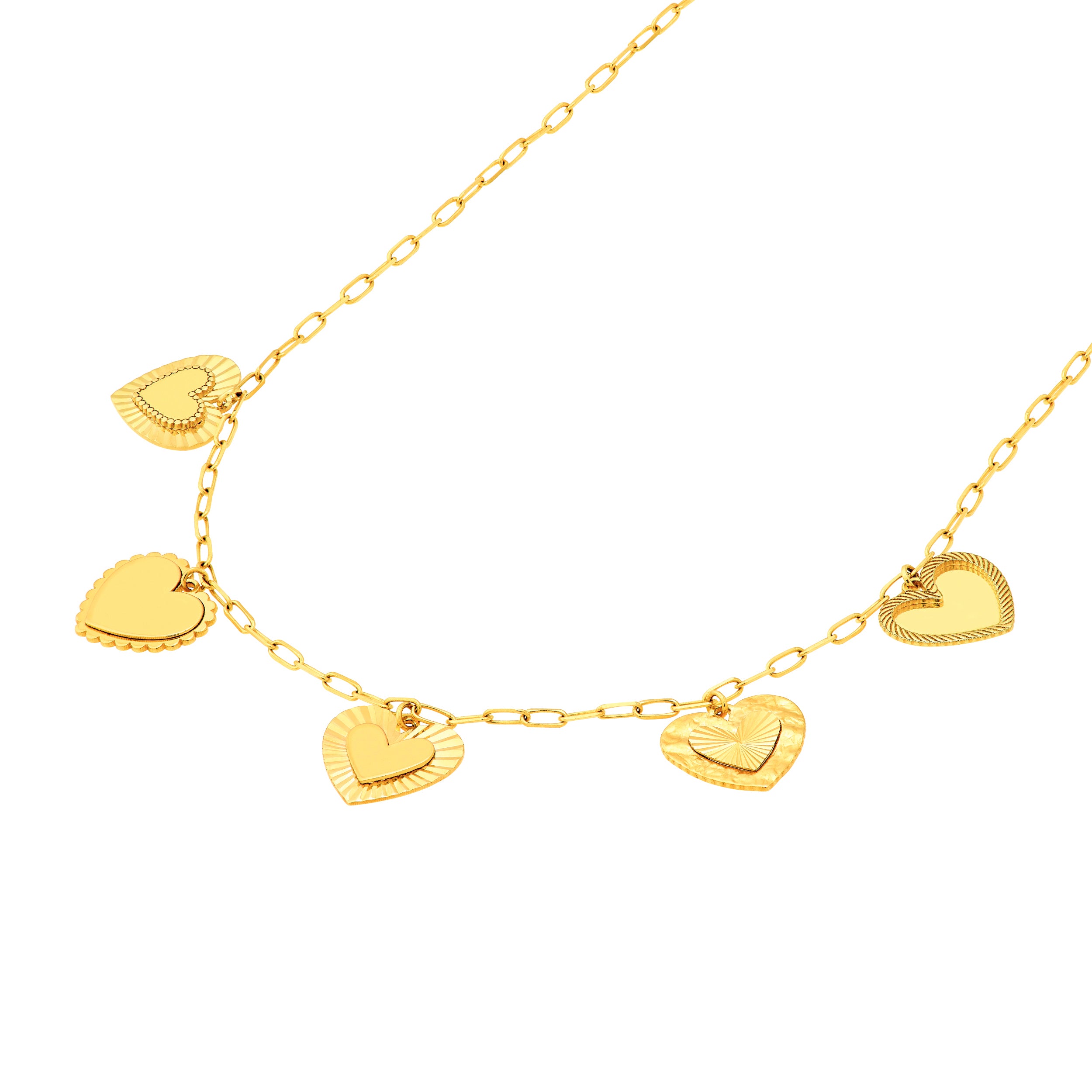 14K Yellow Gold Five Hearts Paper Clip Necklace