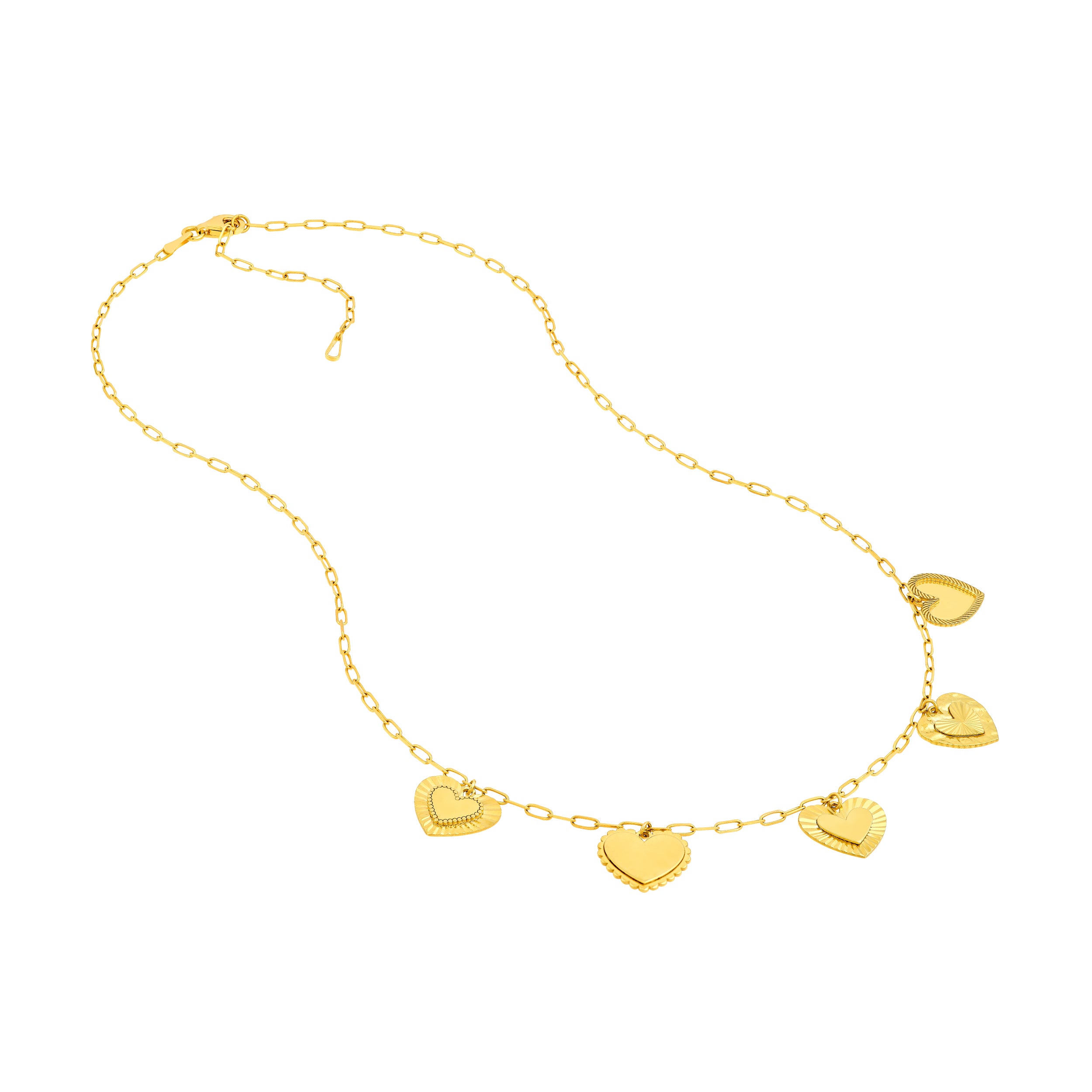 14K Yellow Gold Five Hearts Paper Clip Necklace