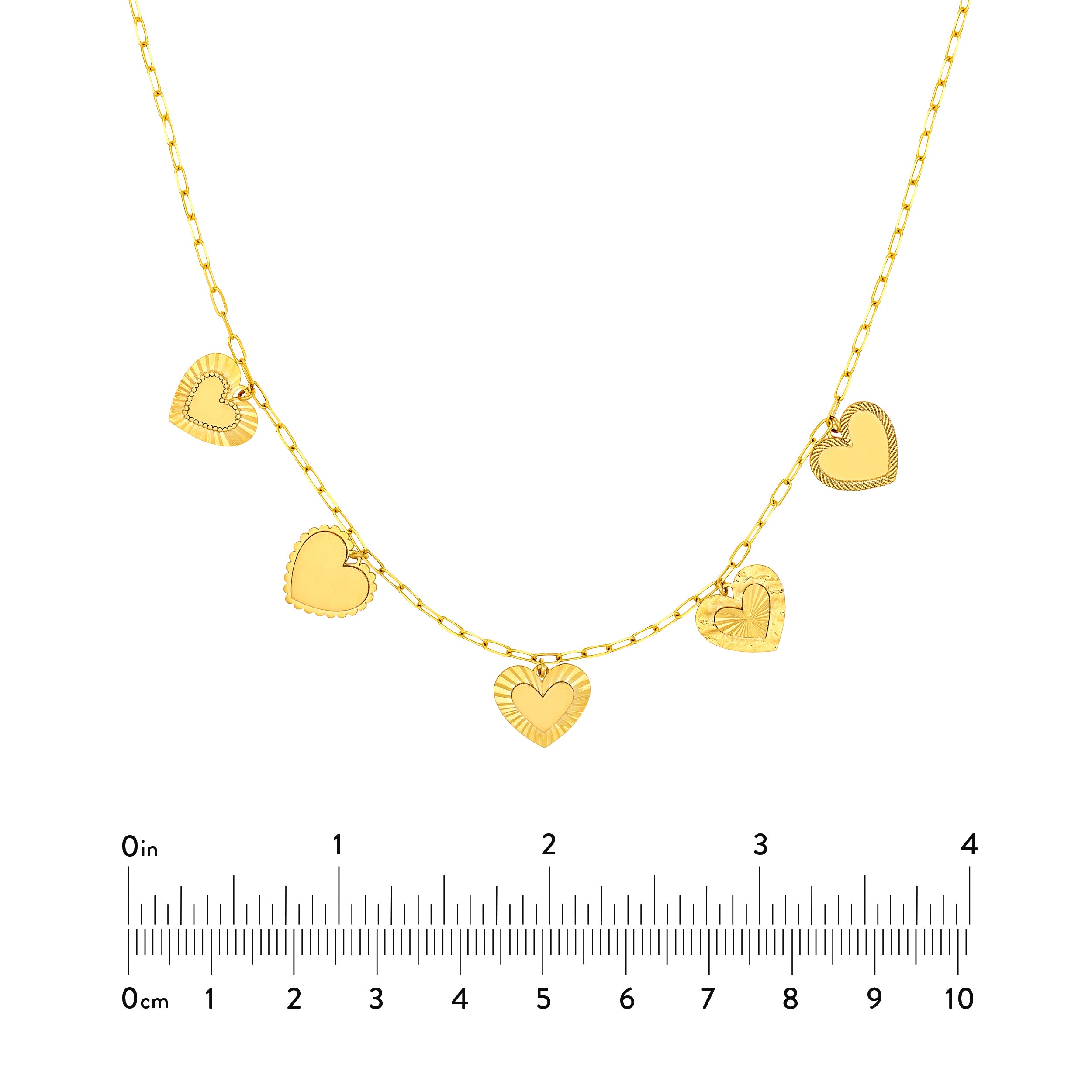 14K Yellow Gold Five Hearts Paper Clip Necklace