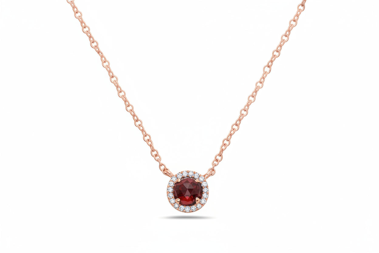 14K Rose Gold Garnet Diamond Halo Necklace Birmingham Jewelry Necklace Birmingham Jewelry 