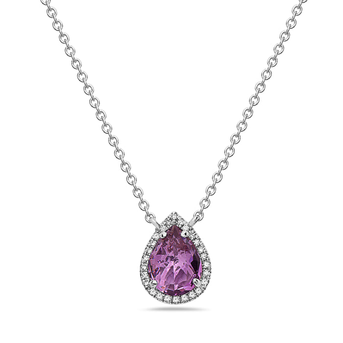 14K White Gold Pear Shape Amethyst Diamond Halo Necklace Birmingham Jewelry Necklace Birmingham Jewelry 