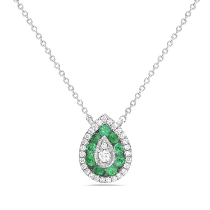 14K White Gold Emerald & Pavé Diamond Teardrop Pendant Necklace