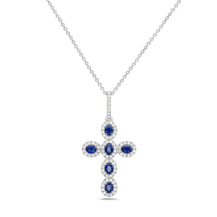 14K White Gold Sapphire & Pavé Diamond Cross Pendant Necklace Birmingham Jewelry Necklace Birmingham Jewelry 