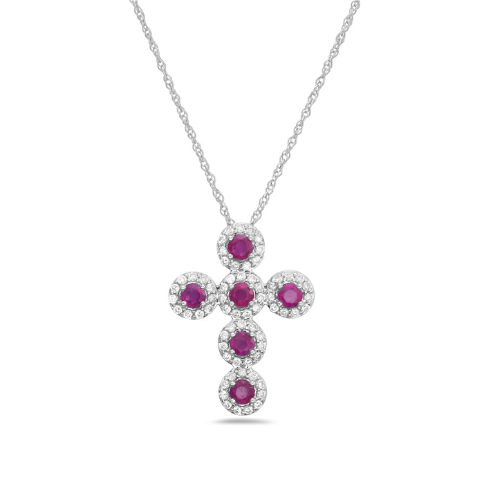 14K White Gold Ruby & Pavé Diamond Cross Pendant Necklace