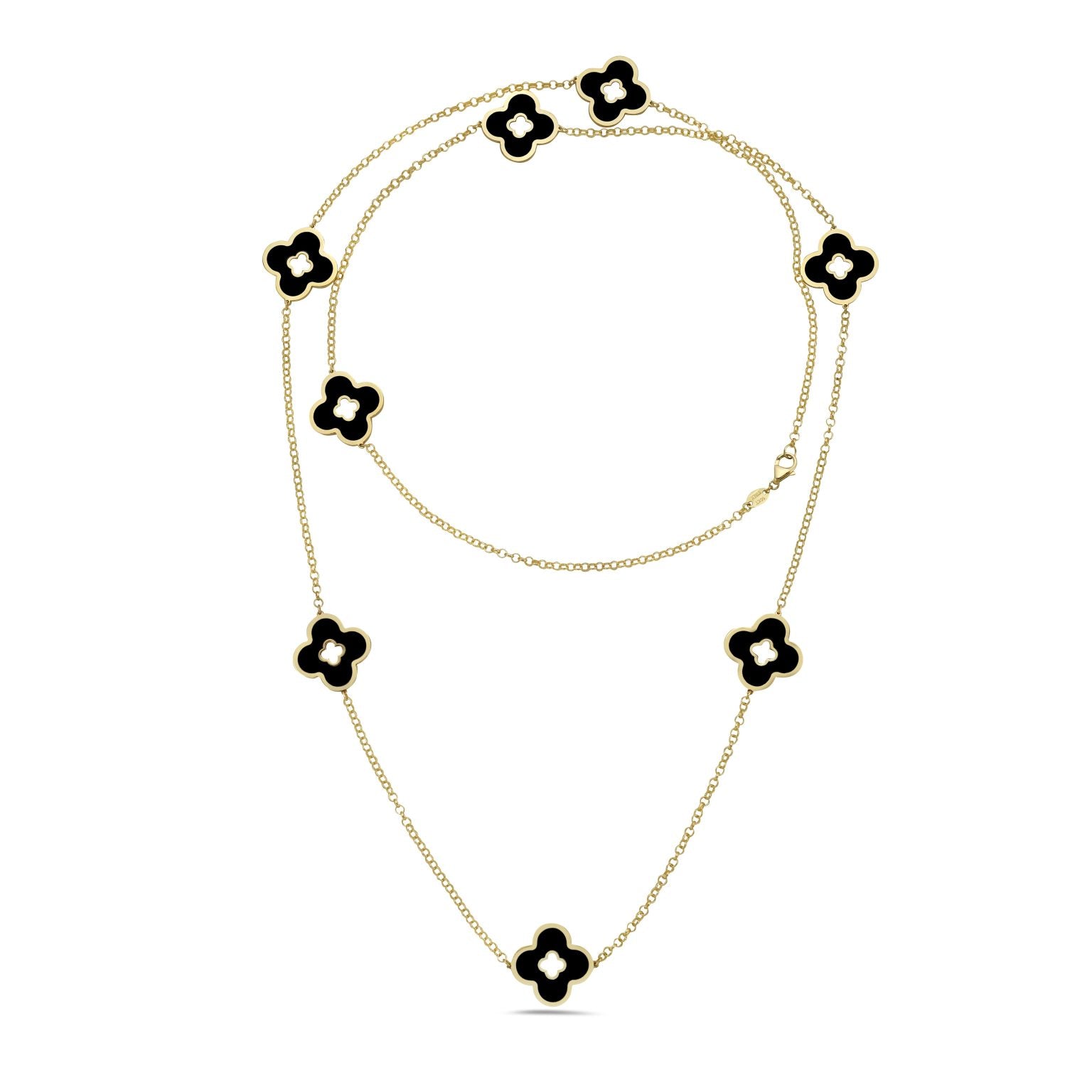 14K Yellow Gold Clover Cut-Out Station Long Necklace (Onyx) Birmingham Jewelry Necklace Birmingham Jewelry 