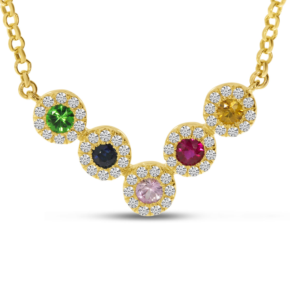 14K Yellow Gold Diamond Halo Rainbow Sapphire V Necklace Birmingham Jewelry Necklace Birmingham Jewelry 