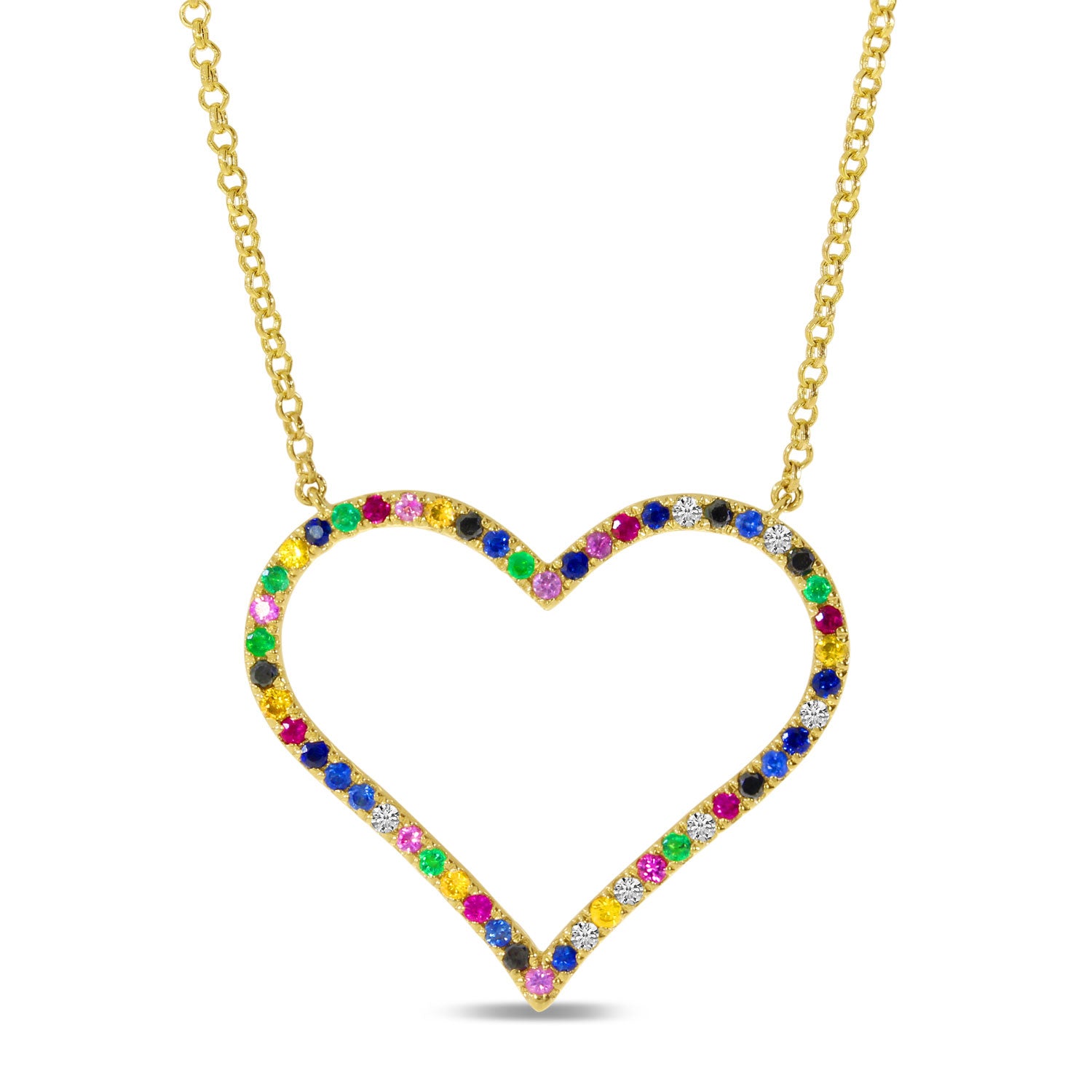 14K Yellow Gold Rainbow Sapphire Large Open Heart Necklace Birmingham Jewelry Necklace Birmingham Jewelry 