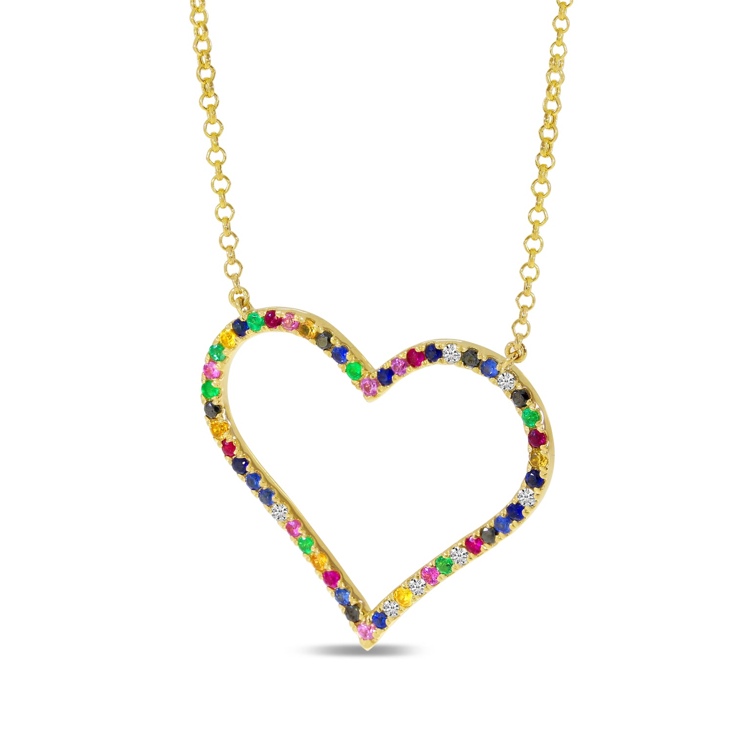 14K Yellow Gold Rainbow Sapphire Large Open Heart Necklace Birmingham Jewelry Necklace Birmingham Jewelry 