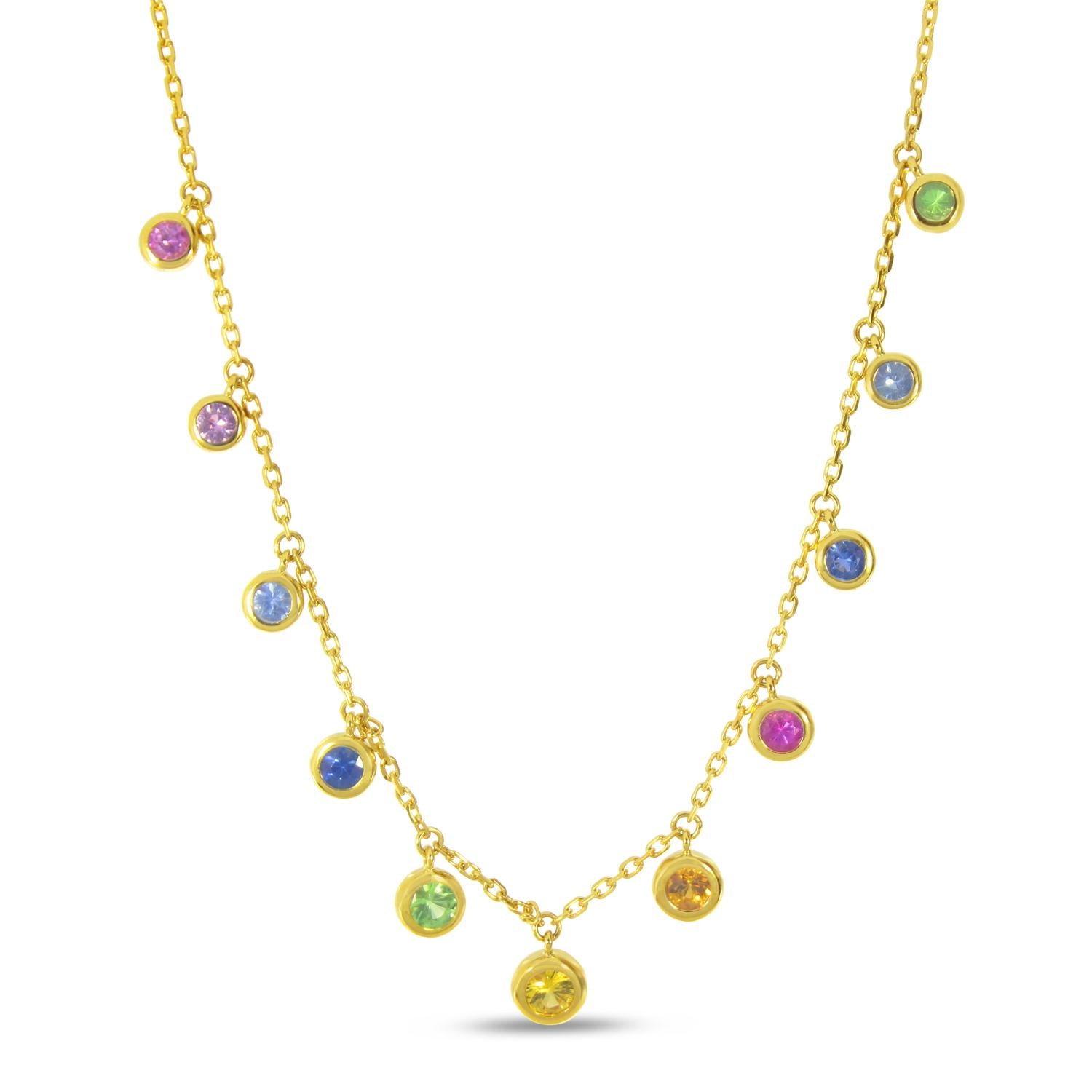 14K Yellow Gold Bezel Set Dangling Rainbow Sapphires Necklace Birmingham Jewelry Necklace Birmingham Jewelry 