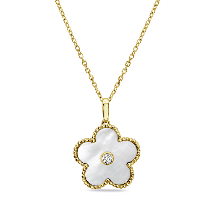 14K Yellow Gold Flower Pendant Necklace with Mother-of-Pearl & Diamond Accent Birmingham Jewelry Necklace Birmingham Jewelry 