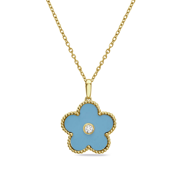 14K Yellow Gold Flower Pendant Necklace with Turqoise & Diamond Accent Birmingham Jewelry Necklace Birmingham Jewelry 