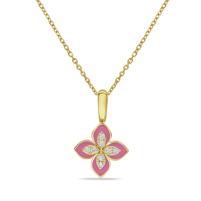 14K Yellow Gold Pink Enamel Flower And Diamond Necklace Birmingham Jewelry Necklace Birmingham Jewelry 