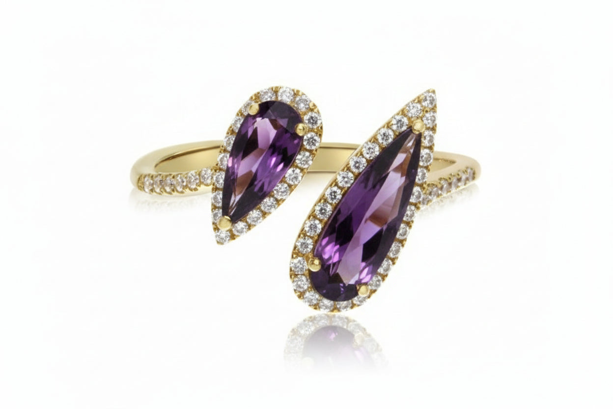 14K Yellow Gold Offset Duo Amethyst Pear Gem Stone & Diamond Ring