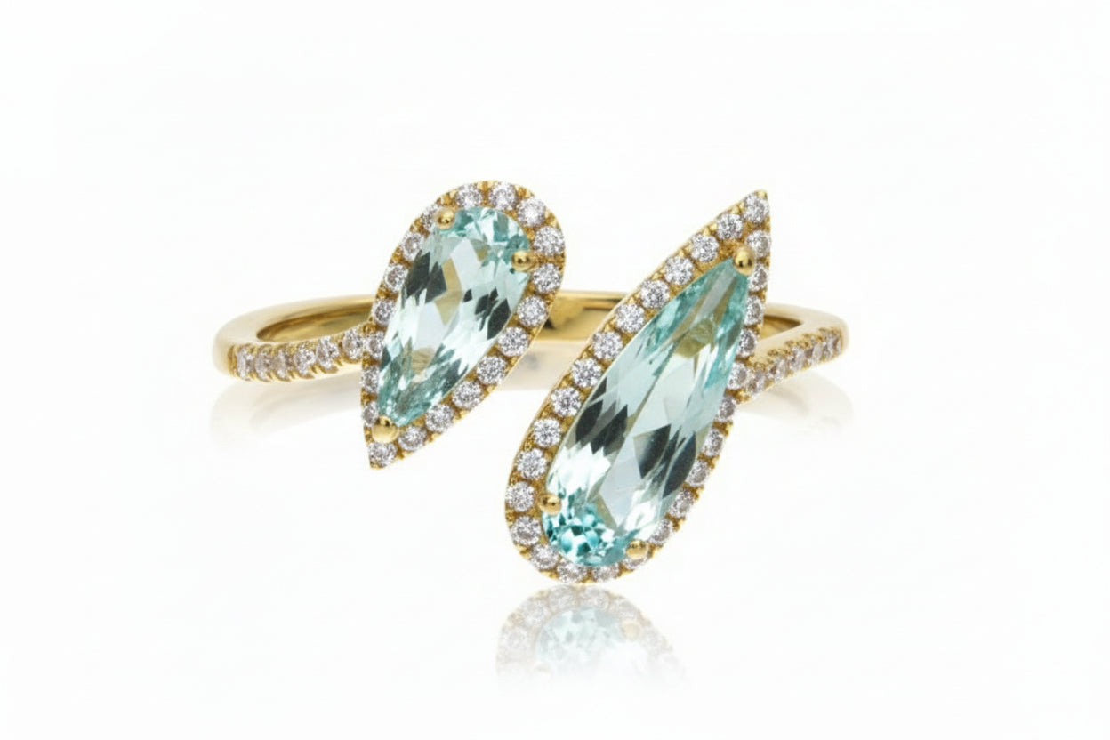 14K Yellow Gold Offset Duo Aquamarine Pear Gem Stone & Diamond Ring Birmingham Jewelry Ring Birmingham Jewelry 
