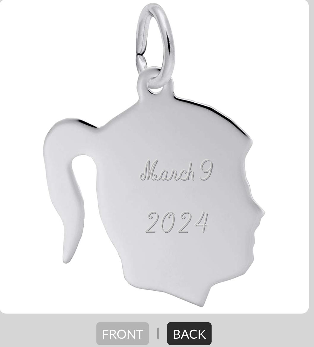 Special Order For (WHI918) Rembrandt Charms - Flat Girl's Head Charm - 4430 With Engraving Custom Order Rembrandt Charms Charm Birmingham Jewelry 