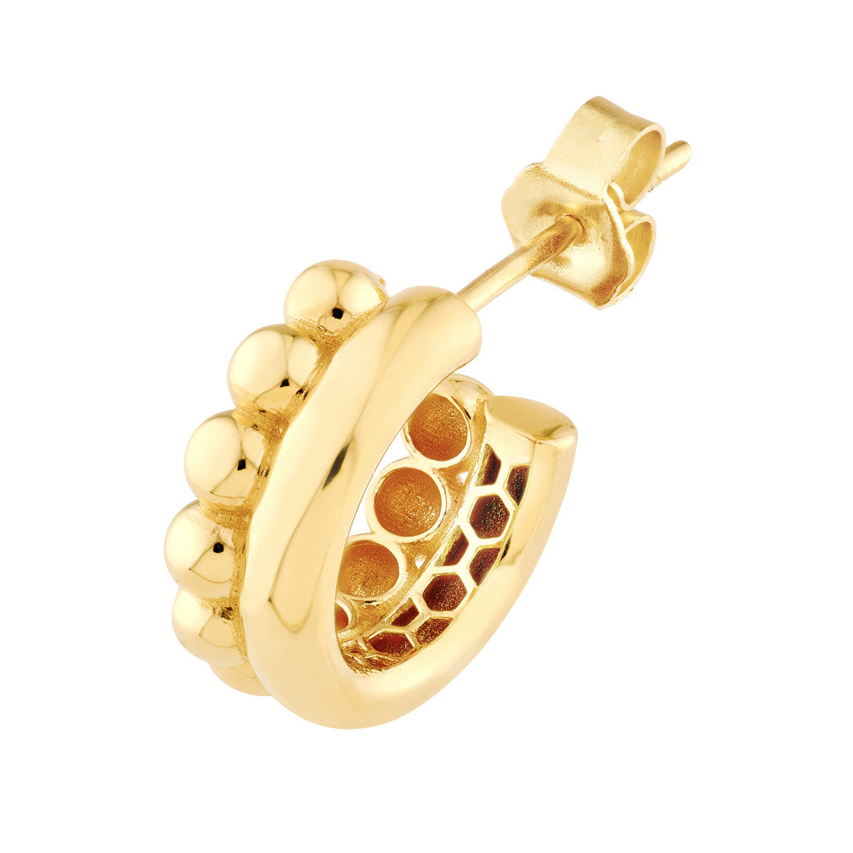 14K Yellow Gold Beaded and Polished Open Hoop Earrings
